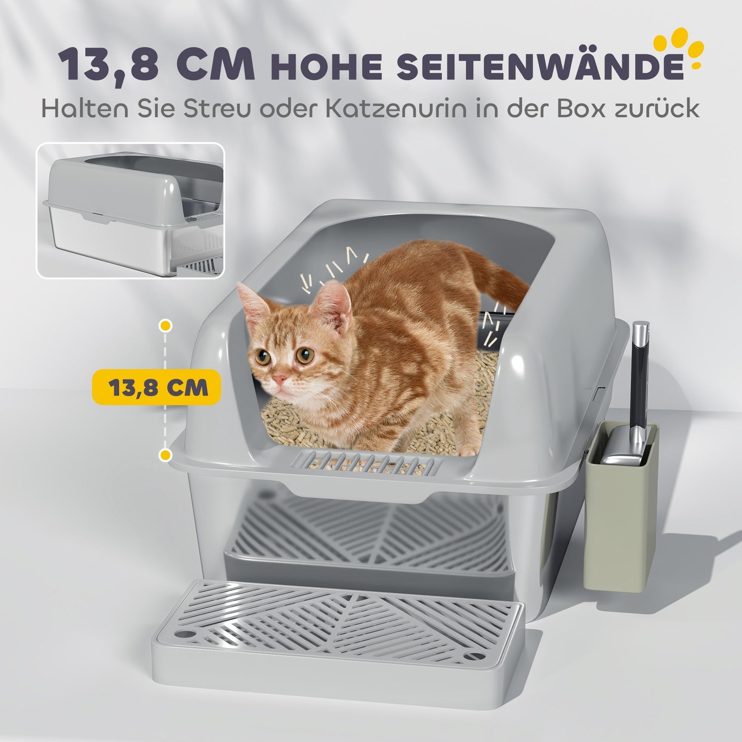 Kattlåda med lock & skopa, rostfritt stål, ljusgrå