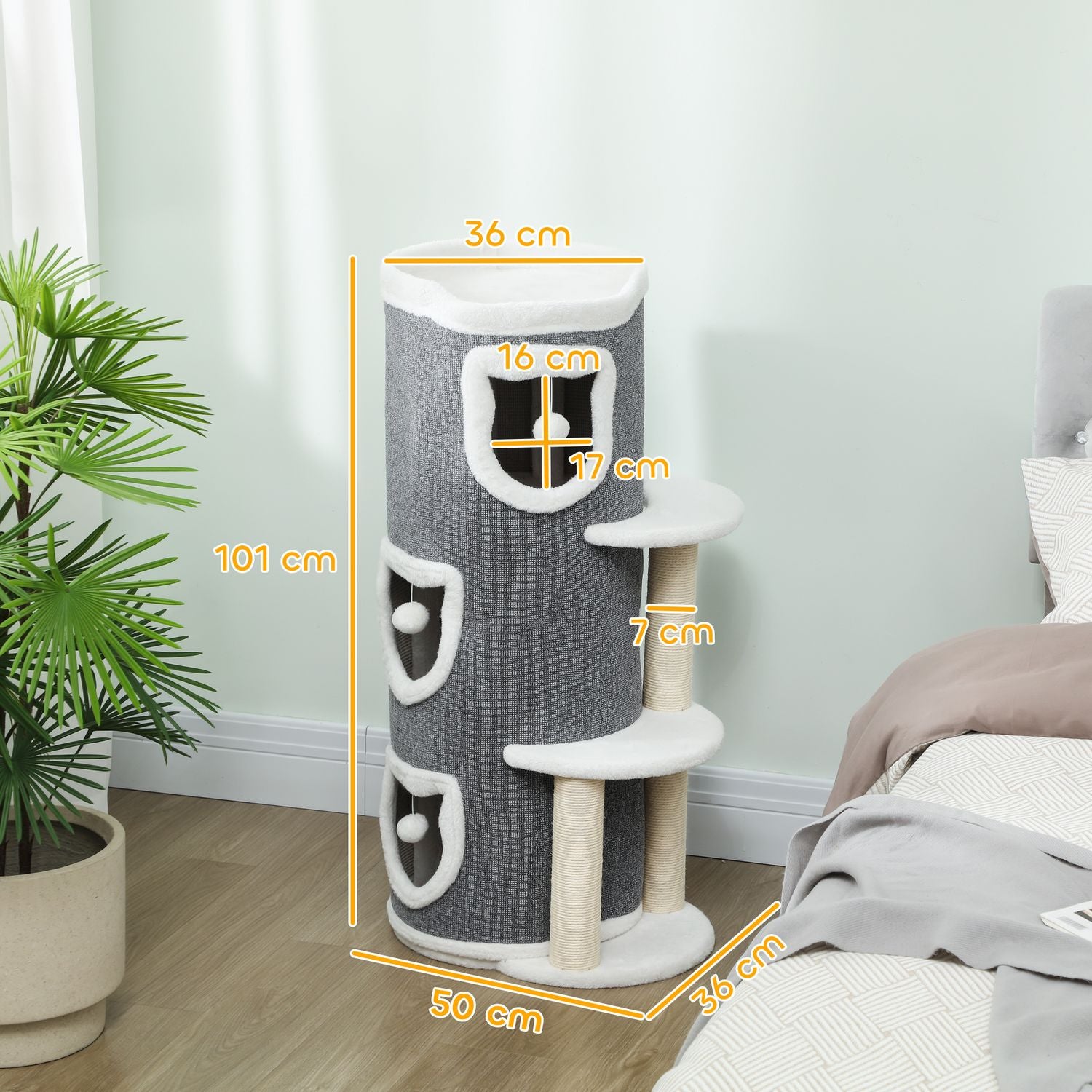Kattorn med 3 nivåer, sisalstolpar, grå, 101 cm