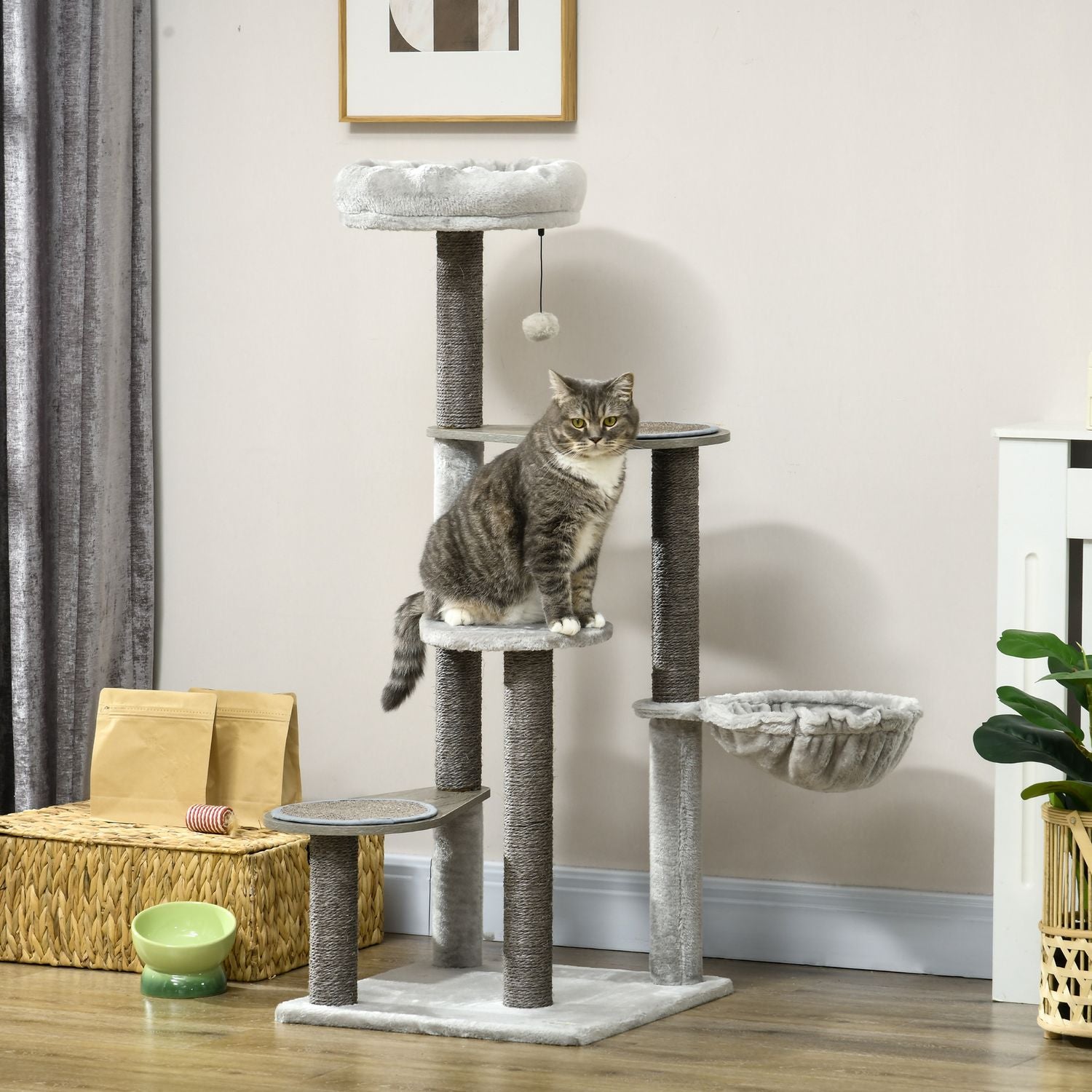Kattskrapstolpe, 4 våningar, sisal, med leksak och säng