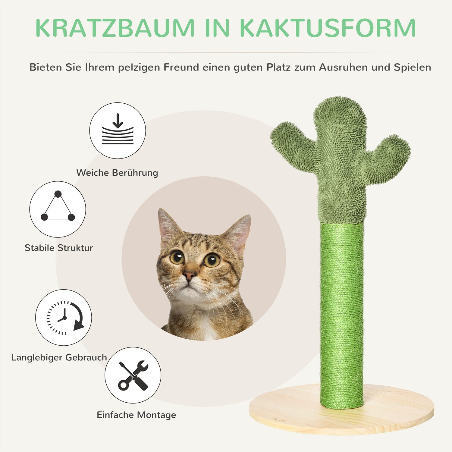 Kattskrapstolpe, kaktusdesign, furu & sisal, 65cm