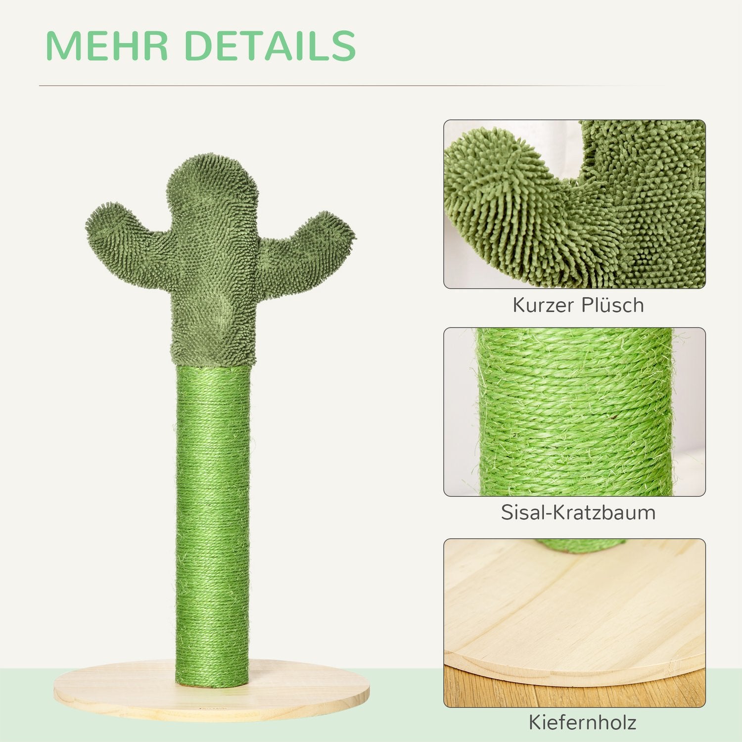 Kattskrapstolpe, kaktusdesign, furu & sisal, 65cm