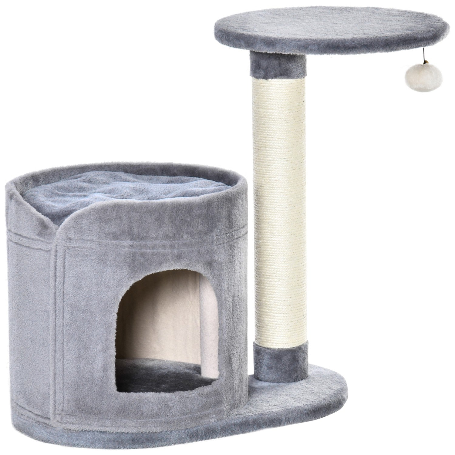 Kattskrapstolpe med grotta och leksaksboll, sisalrep, grå