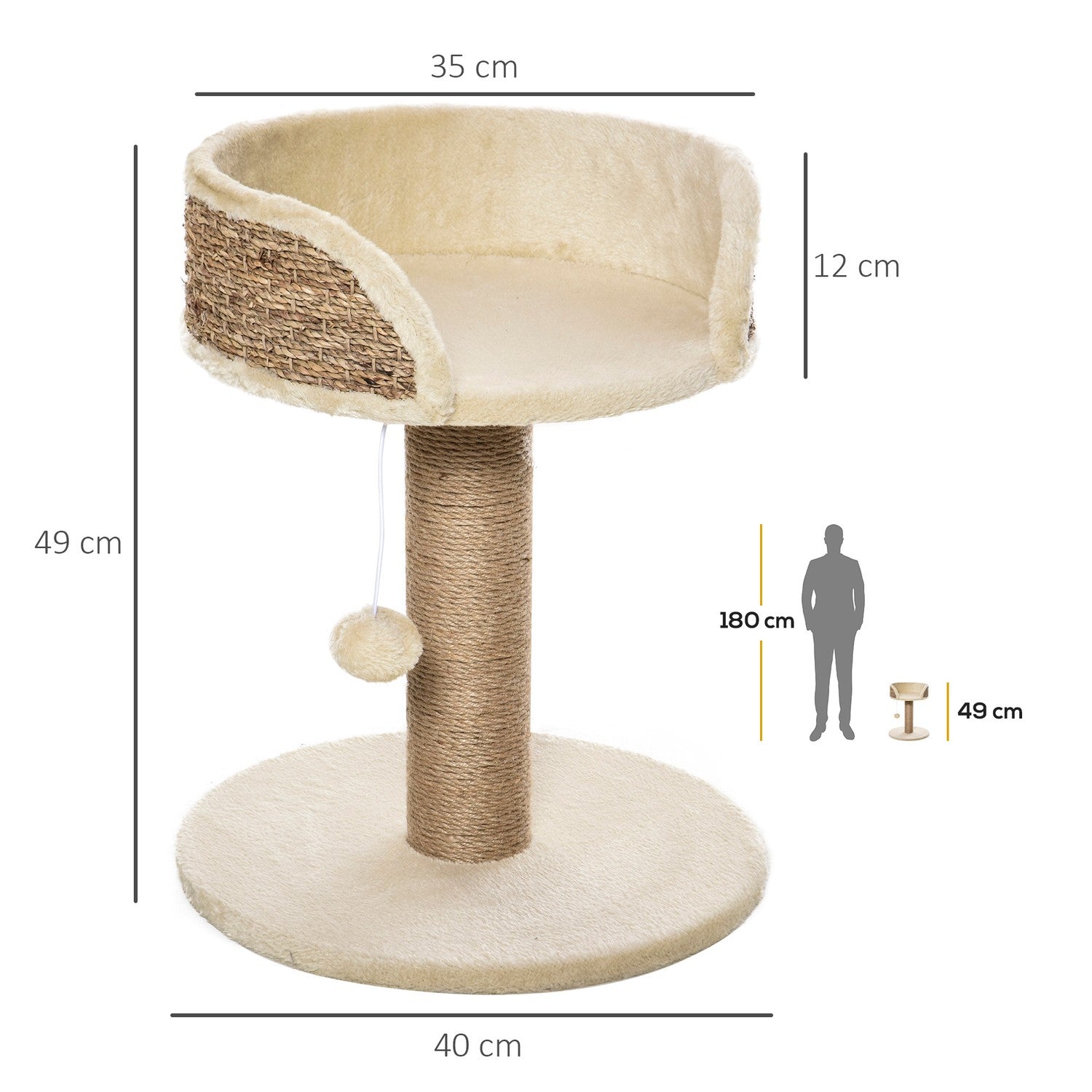 Kattskrapstolpe med jute och lekboll, 49 Cm