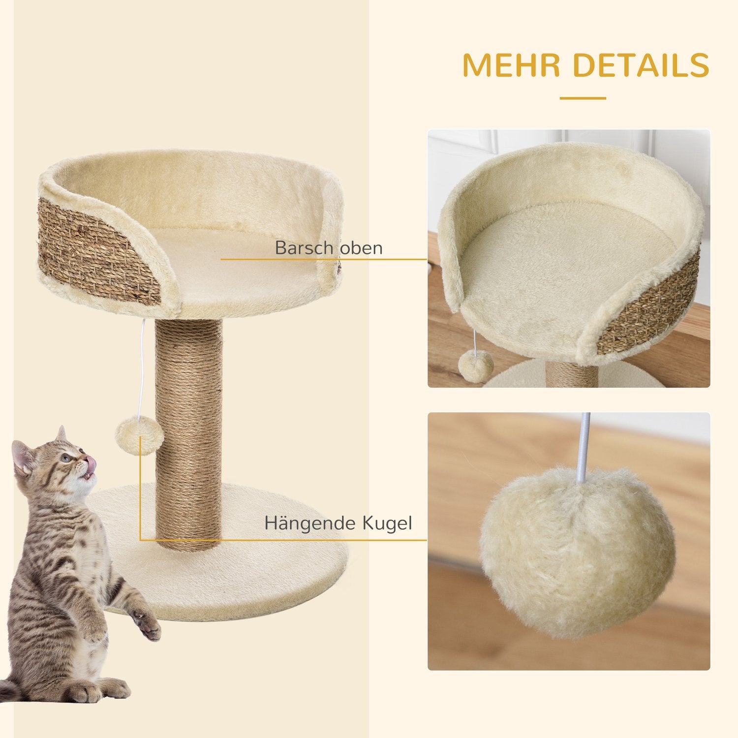 Kattskrapstolpe med jute och lekboll, 49 Cm