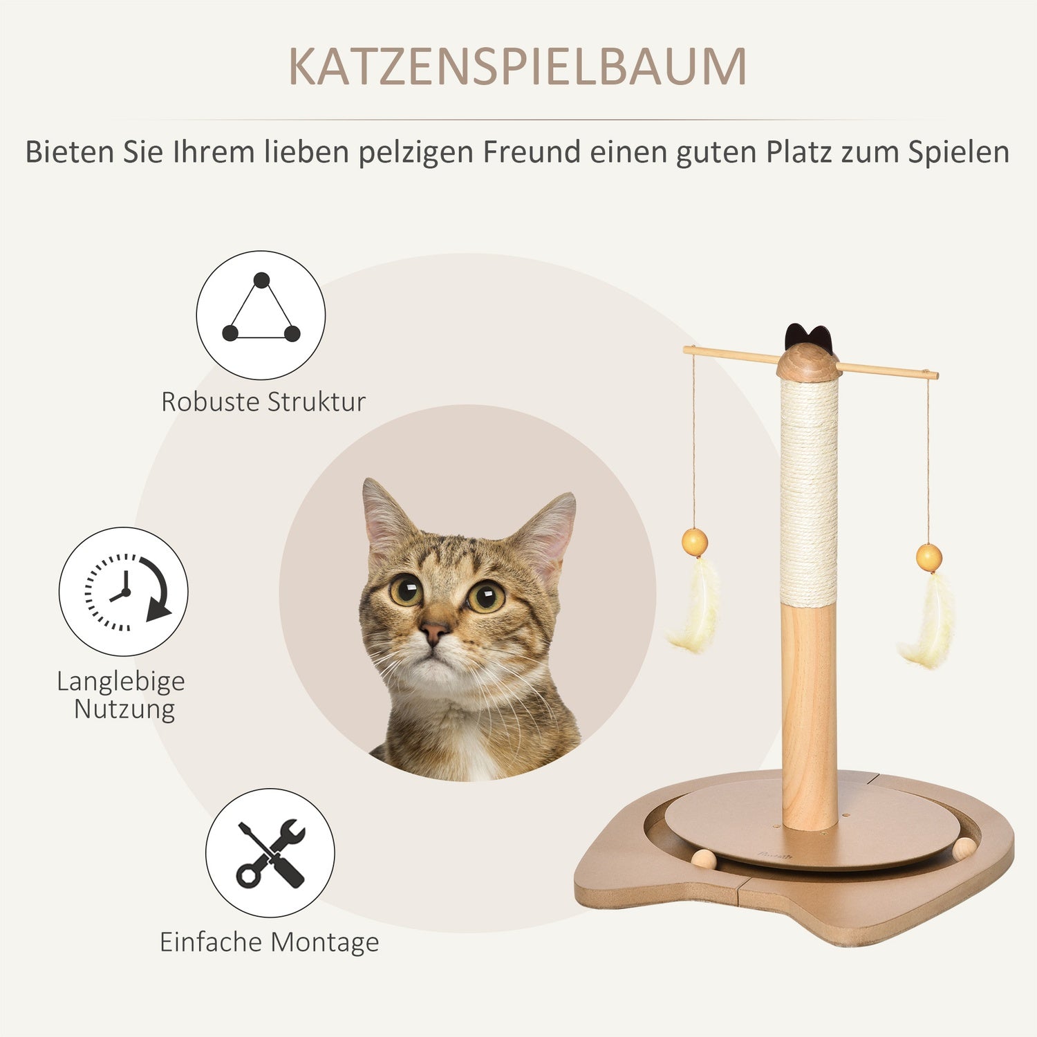 Kattskrapstolpe med leksakskula & fjäder, MDF & Sisal, 51 cm