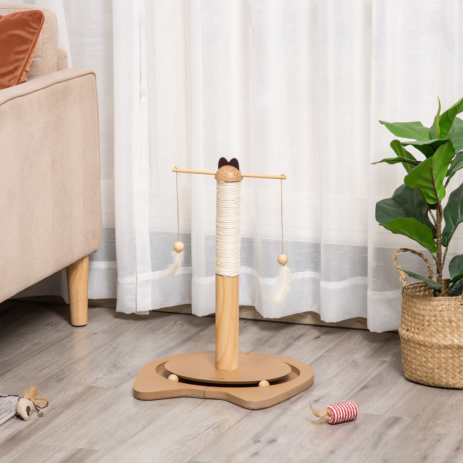 Kattskrapstolpe med leksakskula & fjäder, MDF & Sisal, 51 cm