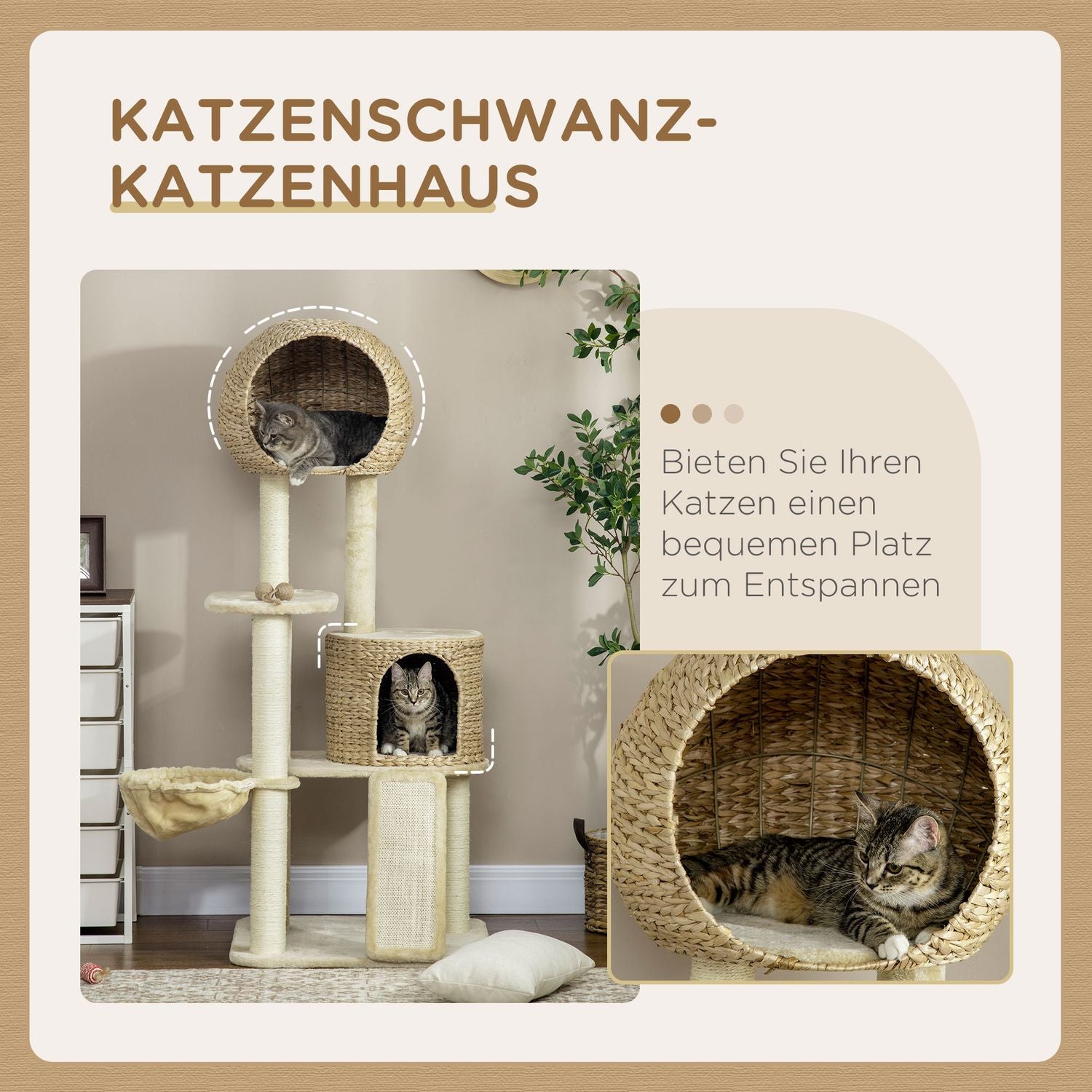Kattskrapstolpe med rottinghus och hängmatta, beige