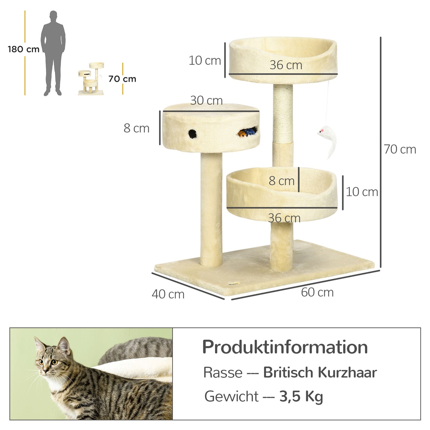 Kattskrapstolpe med säng och leksaker, 70 cm Beige