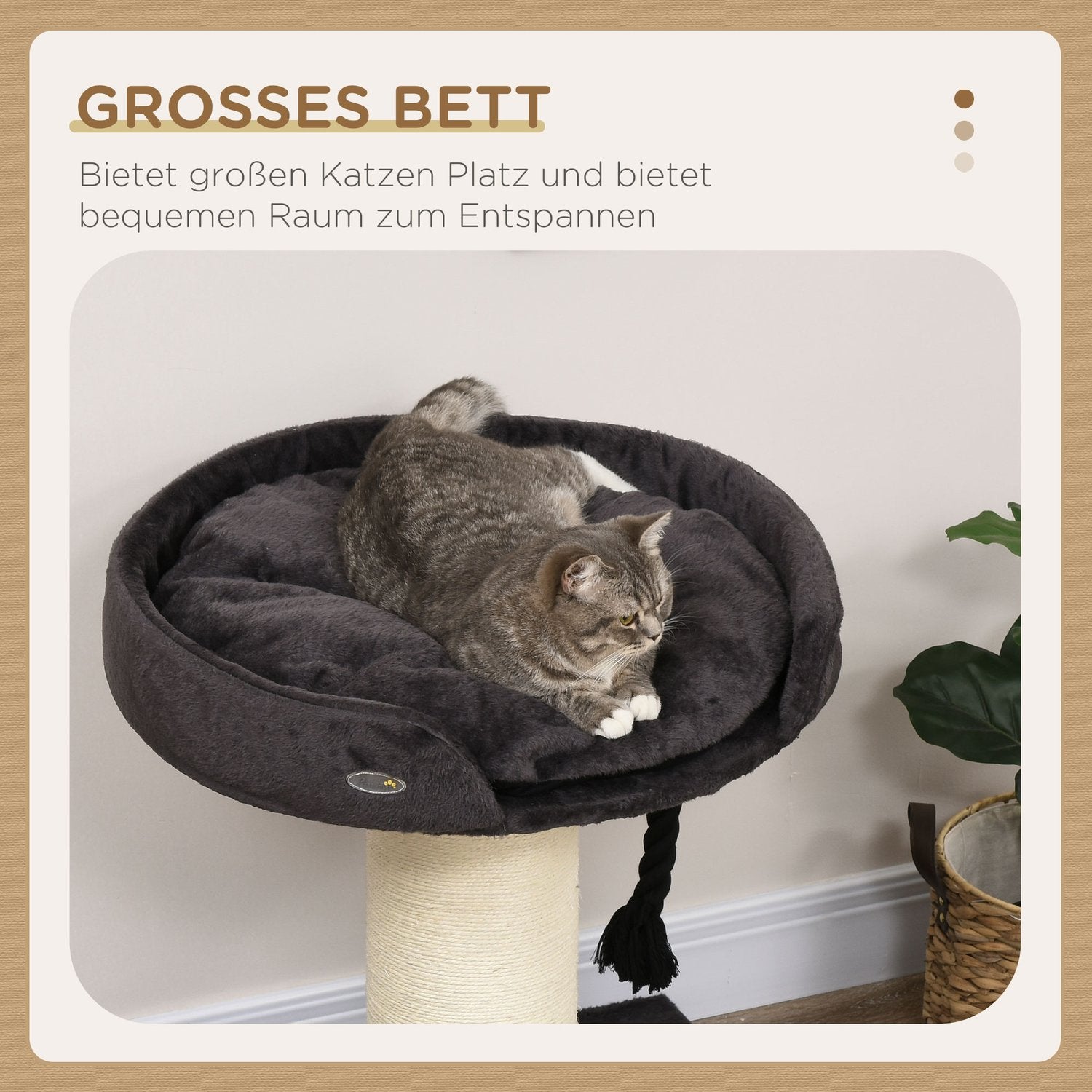 Kattskrapstolpe med säng och sisal, 78 cm, grå
