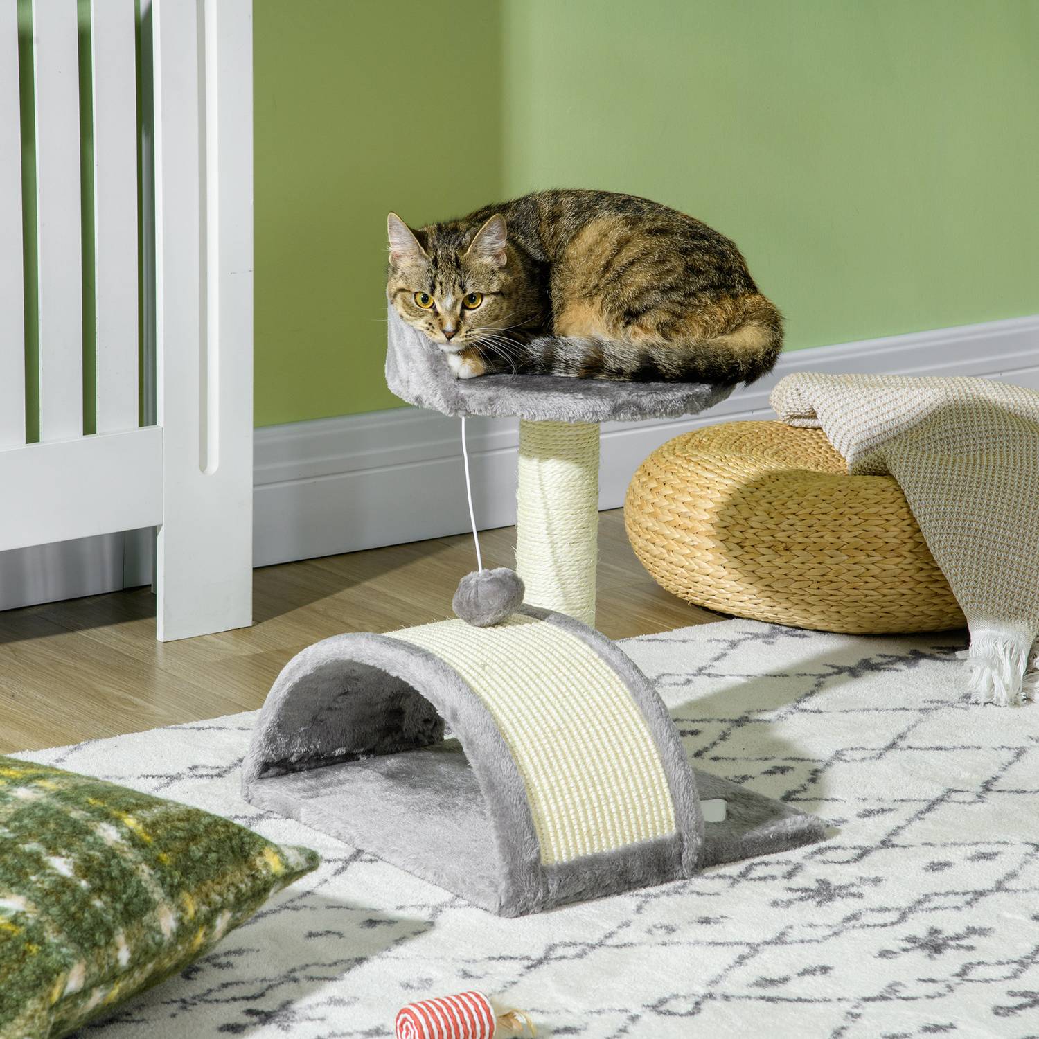 Kattskrapträd med sisal och plysch, grå, 35,5x37x46 cm