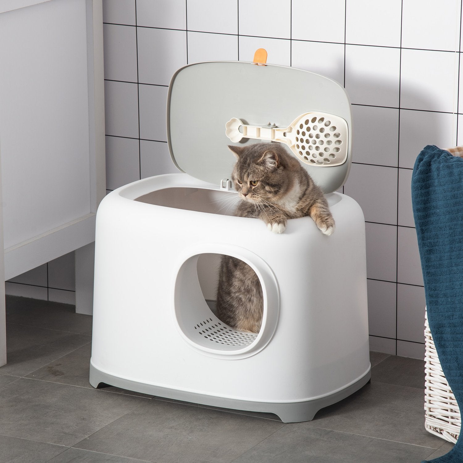 Kattskräp med huva med nätbas, plast, vit
