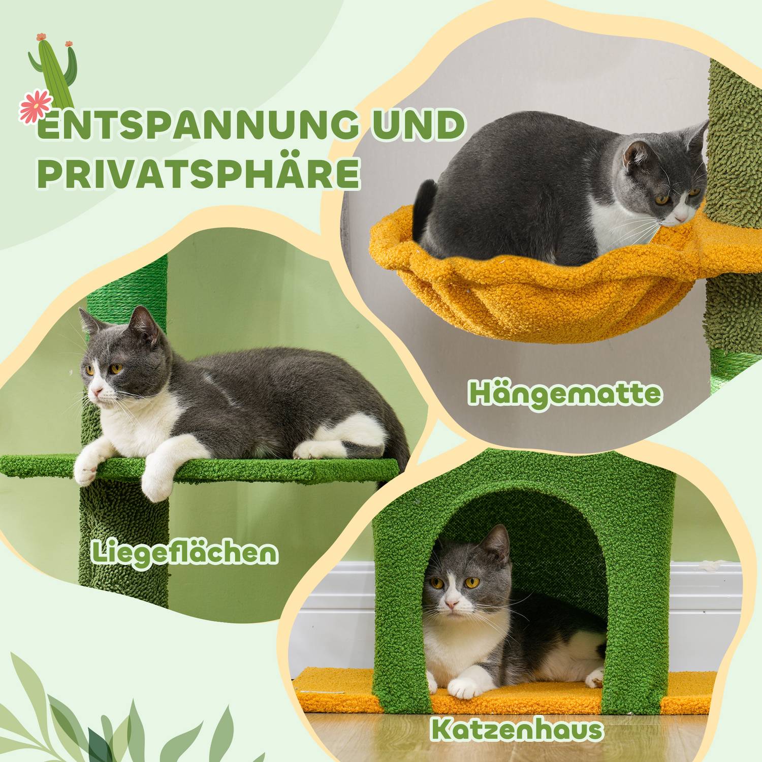 Kattträd 230-275 cm med grotta och lekboll – Grön