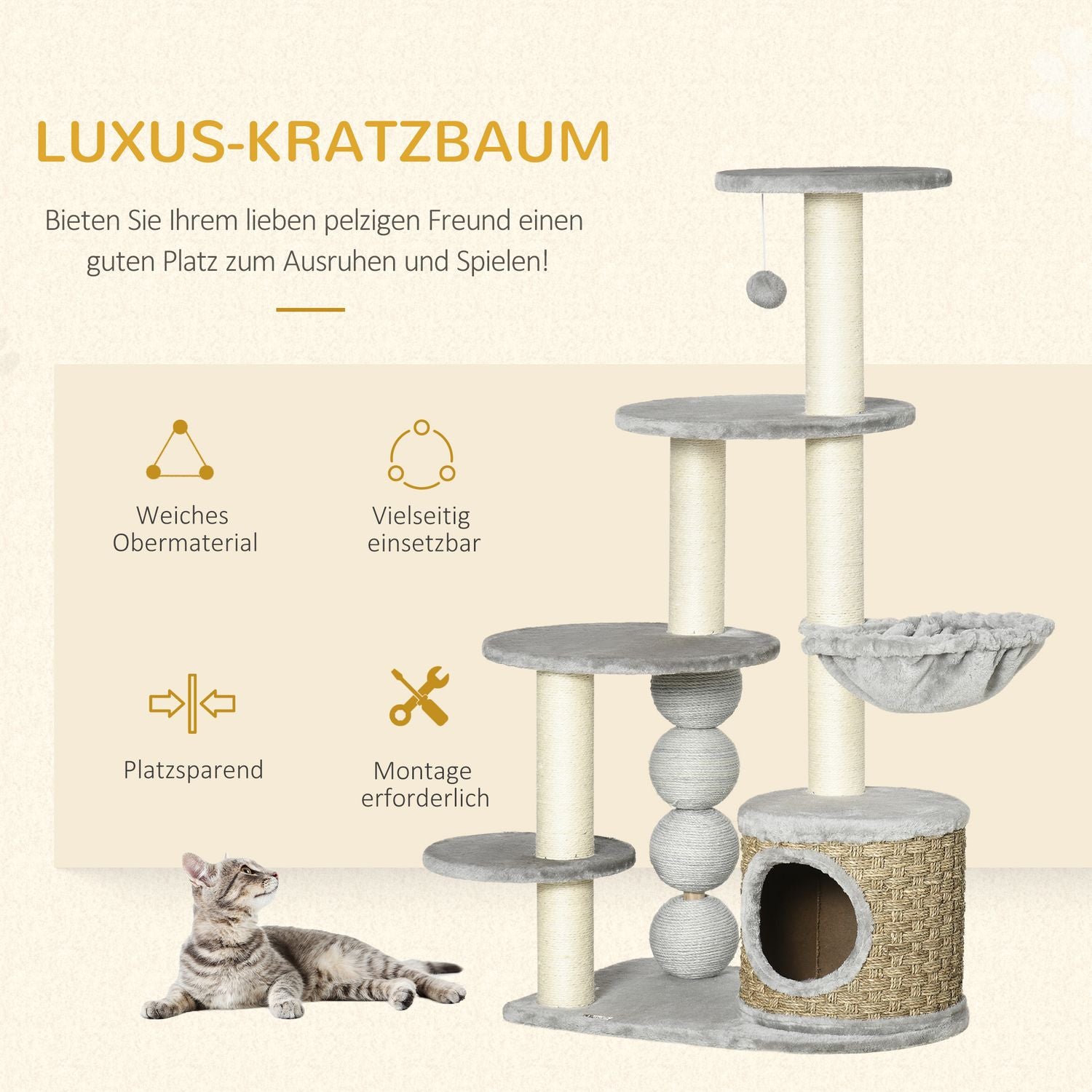 Kattträd med grotta & hängmatta, 115,5 cm jutestolpar, ljusgrå