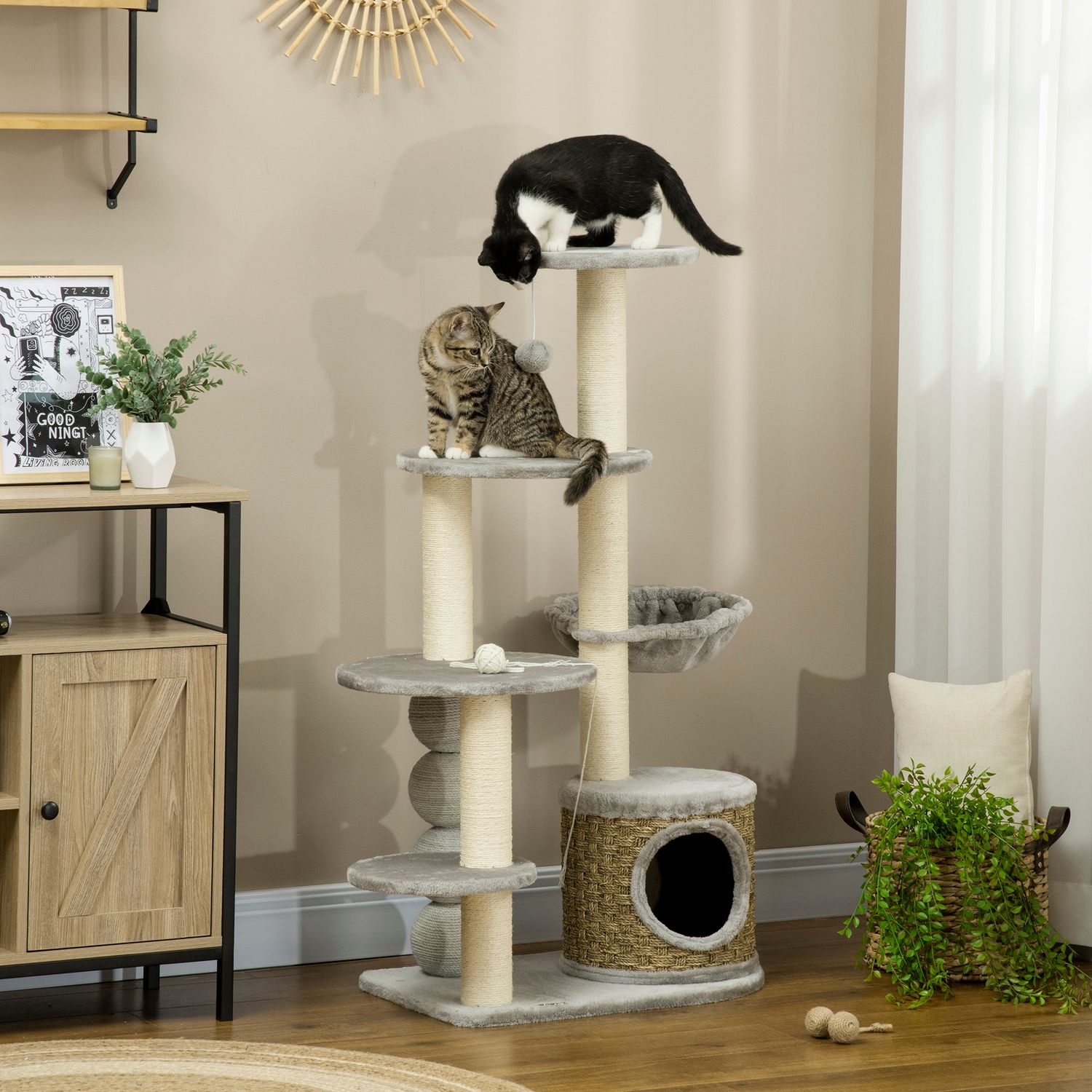 Kattträd med grotta & hängmatta, 115,5 cm jutestolpar, ljusgrå