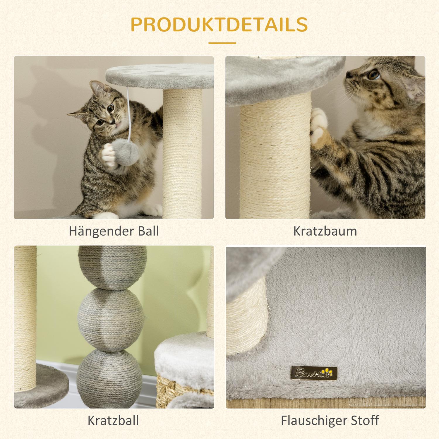 Kattträd med grotta & hängmatta, 115,5 cm jutestolpar, ljusgrå