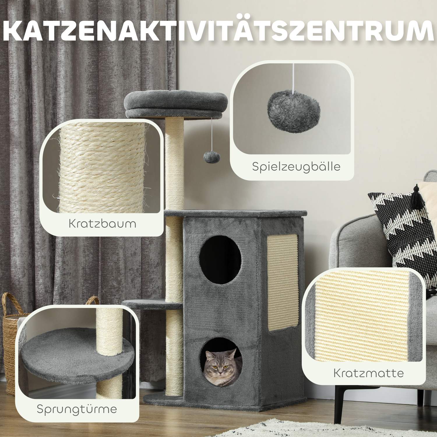 Kočičí strom s pelíškem, škrabadlem a míčkem – 111 cm, šedý, pro kočky do 5 kg