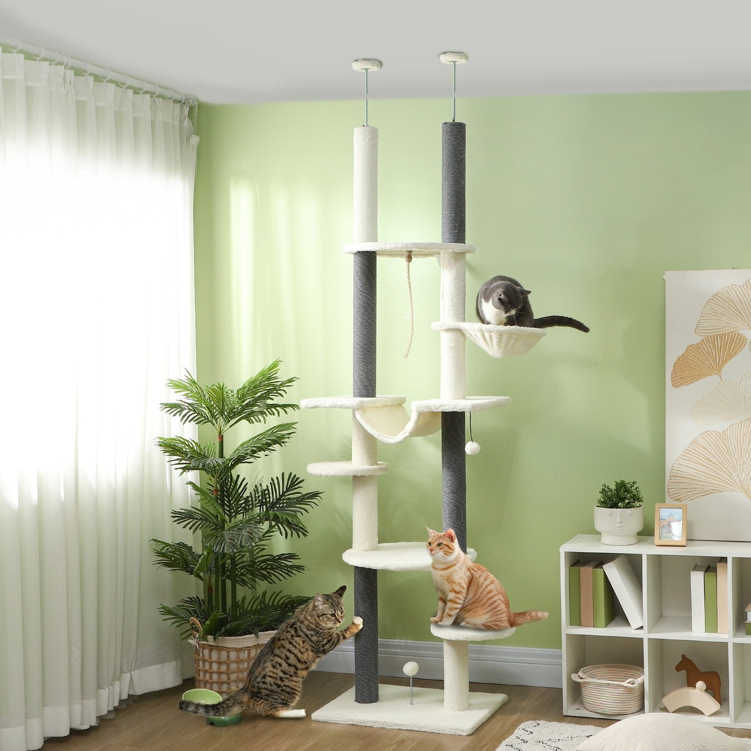 Kattträd med högt i tak, 225-255 cm, med hängmattor och korgar