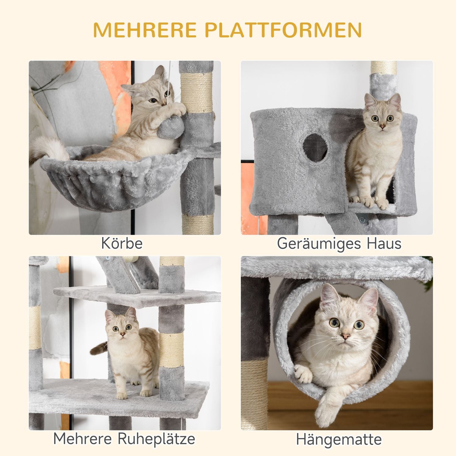Kattträd med högt i tak med sisal, 60x45x240-260cm, grått