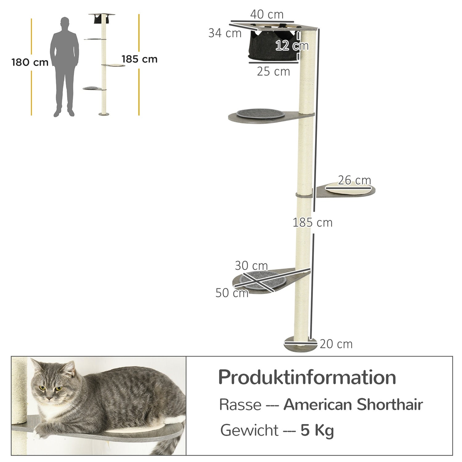Kattträd med hängmatta, plattformar och skrapstolpe, 185 cm - grå/kräm