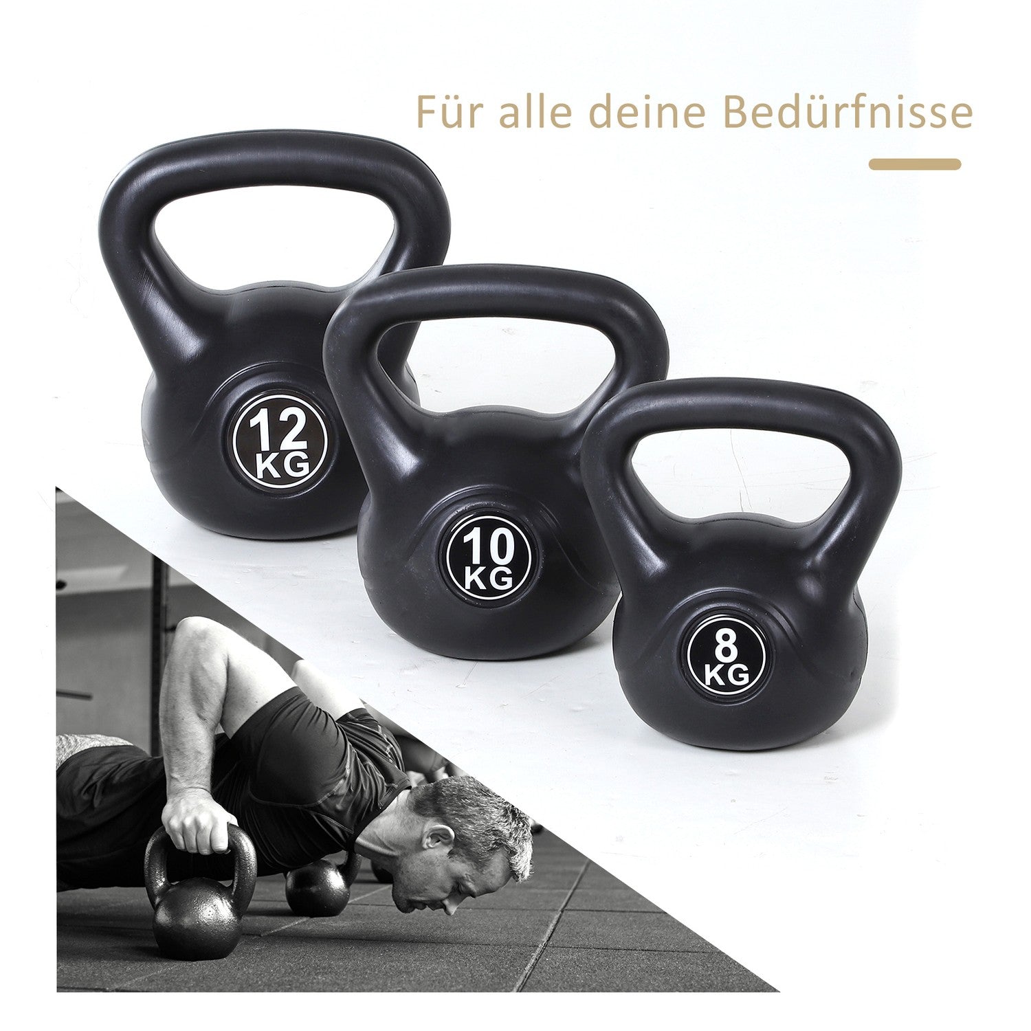 Kettlebell 10 kg, sandfylld, svart, nybörjarvänlig