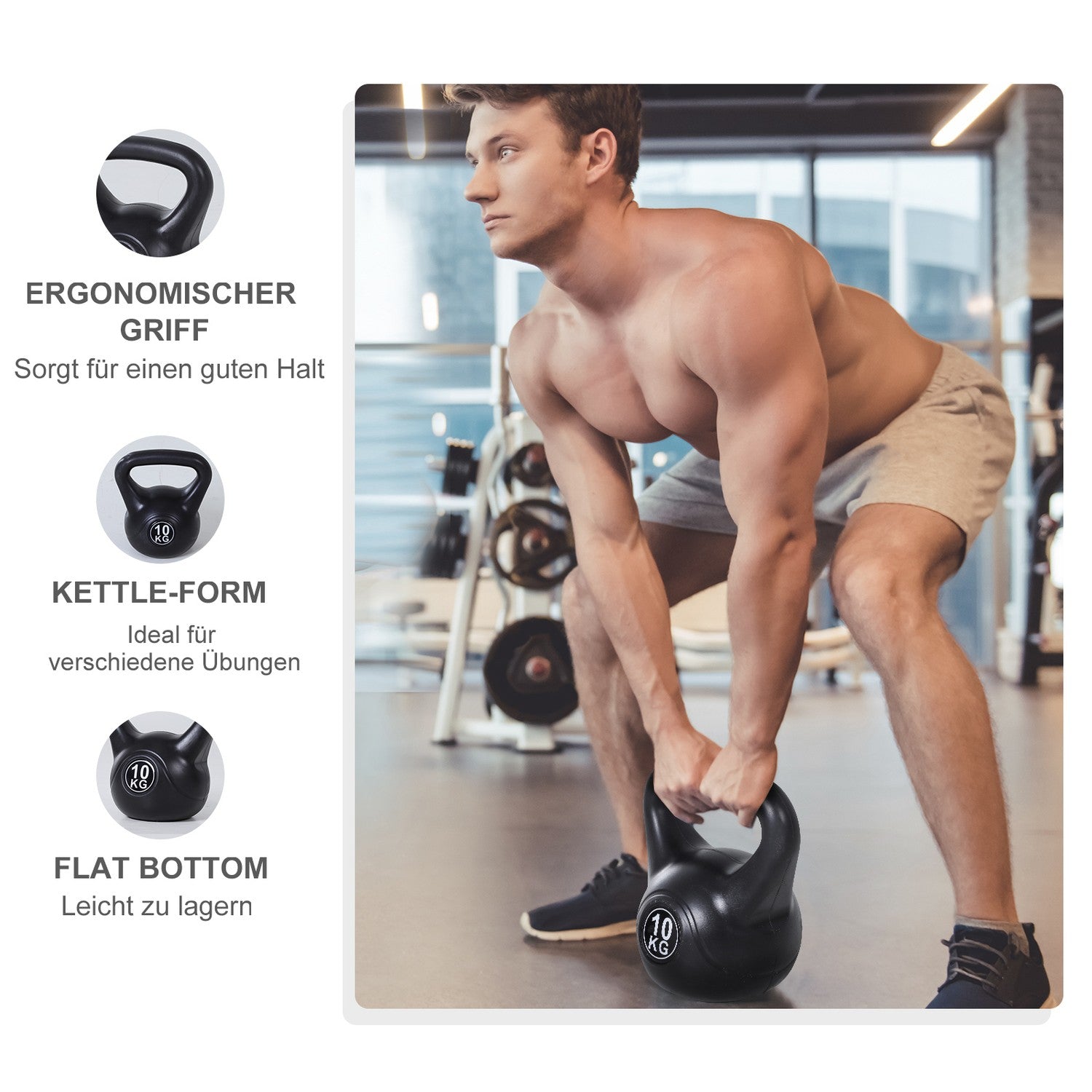 Kettlebell 10 kg, sandfylld, svart, nybörjarvänlig