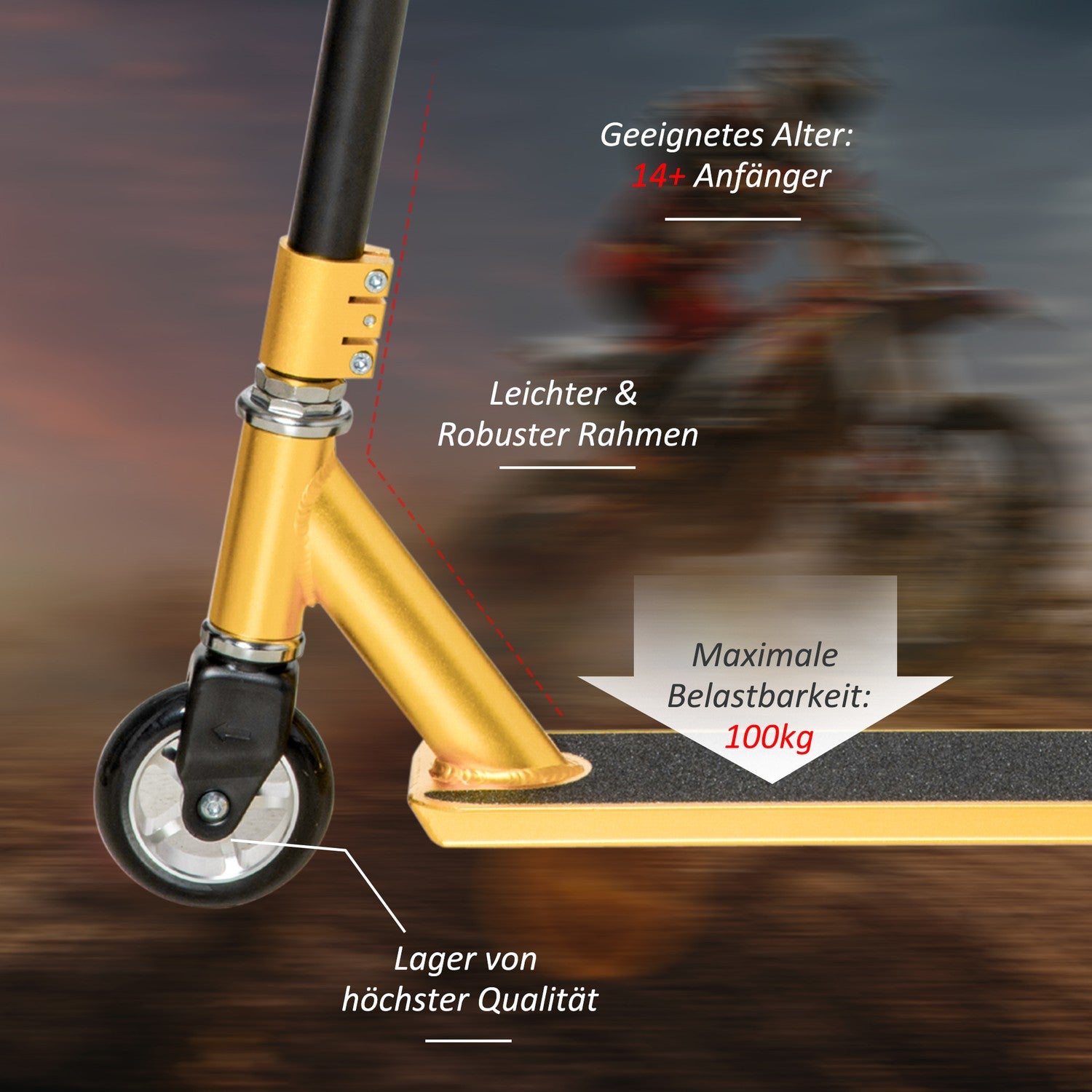 Kick Stunt Scooter, 360° styrning, Gummigrepp, Guld