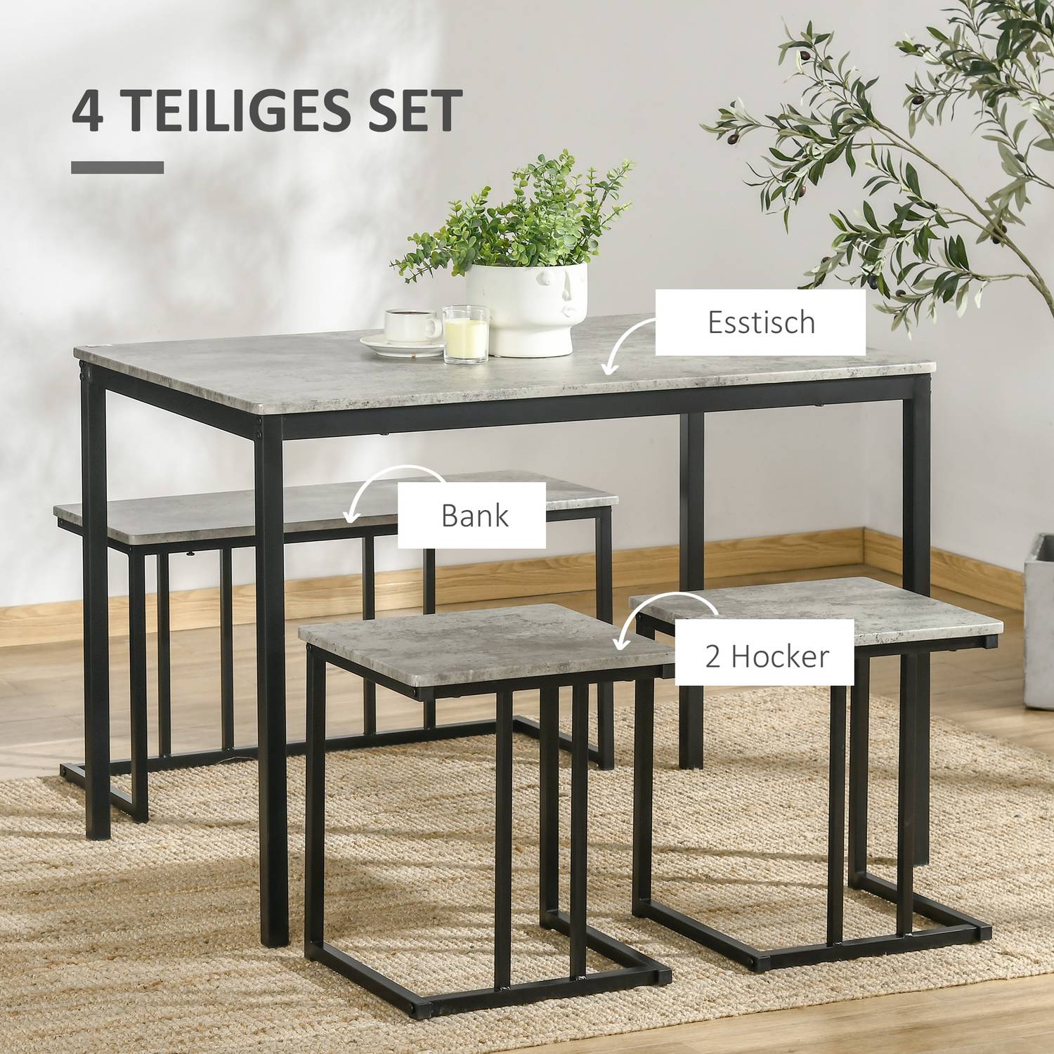 Sada kuchyňského stolu se 3 lavicemi pro 4 osoby – šedá