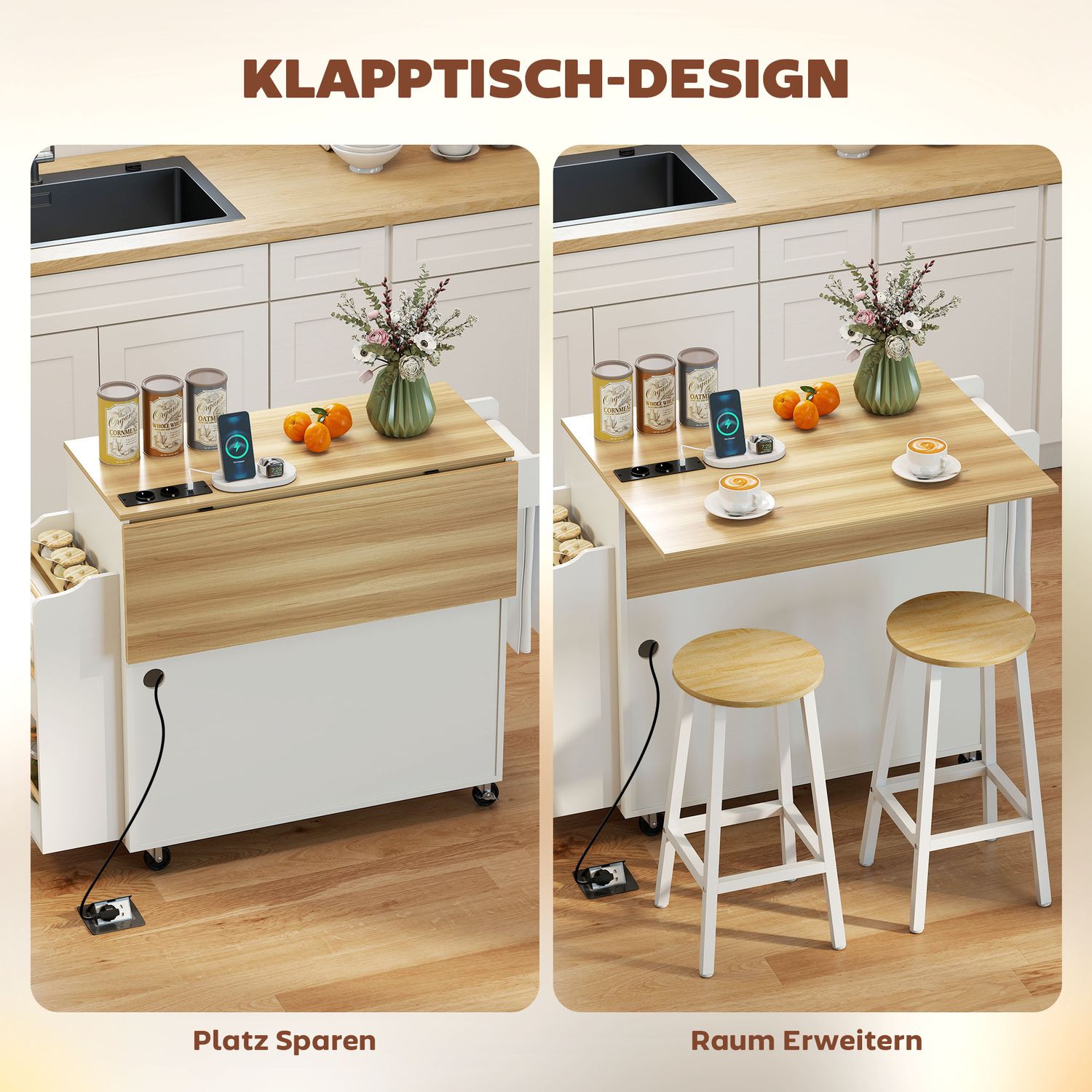 Köksö, rullande, med klaffar, låda, 120x68x85 cm, vit