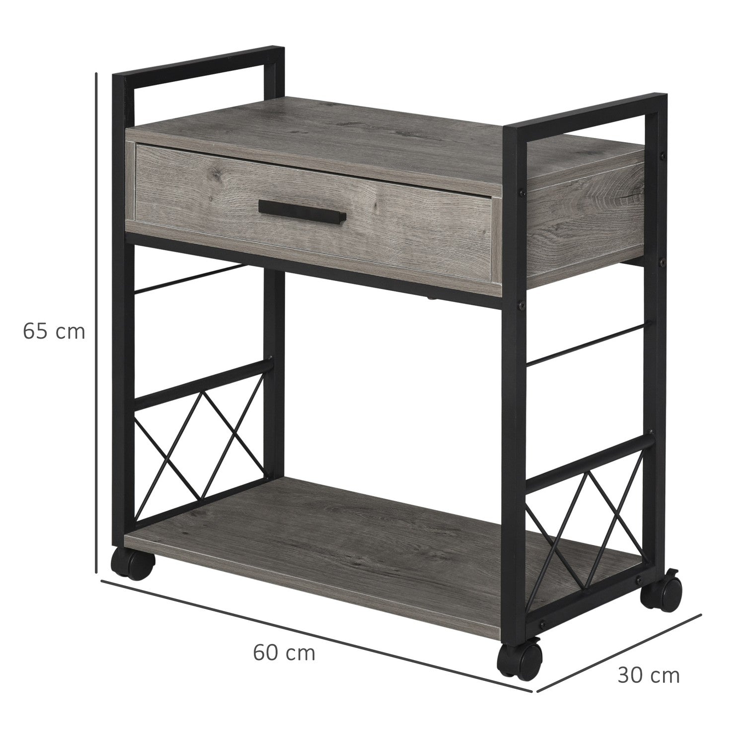 Köksserveringsvagn med hjul, låda & hylla, grå