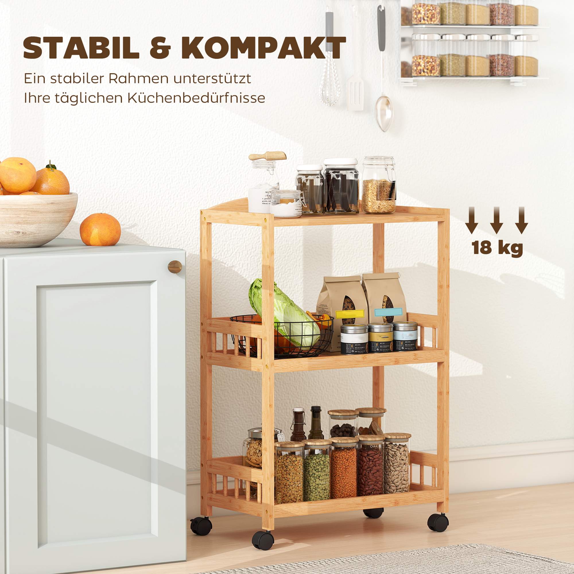 Köksvagn i bambu med hjul – 3 hyllor, naturträ