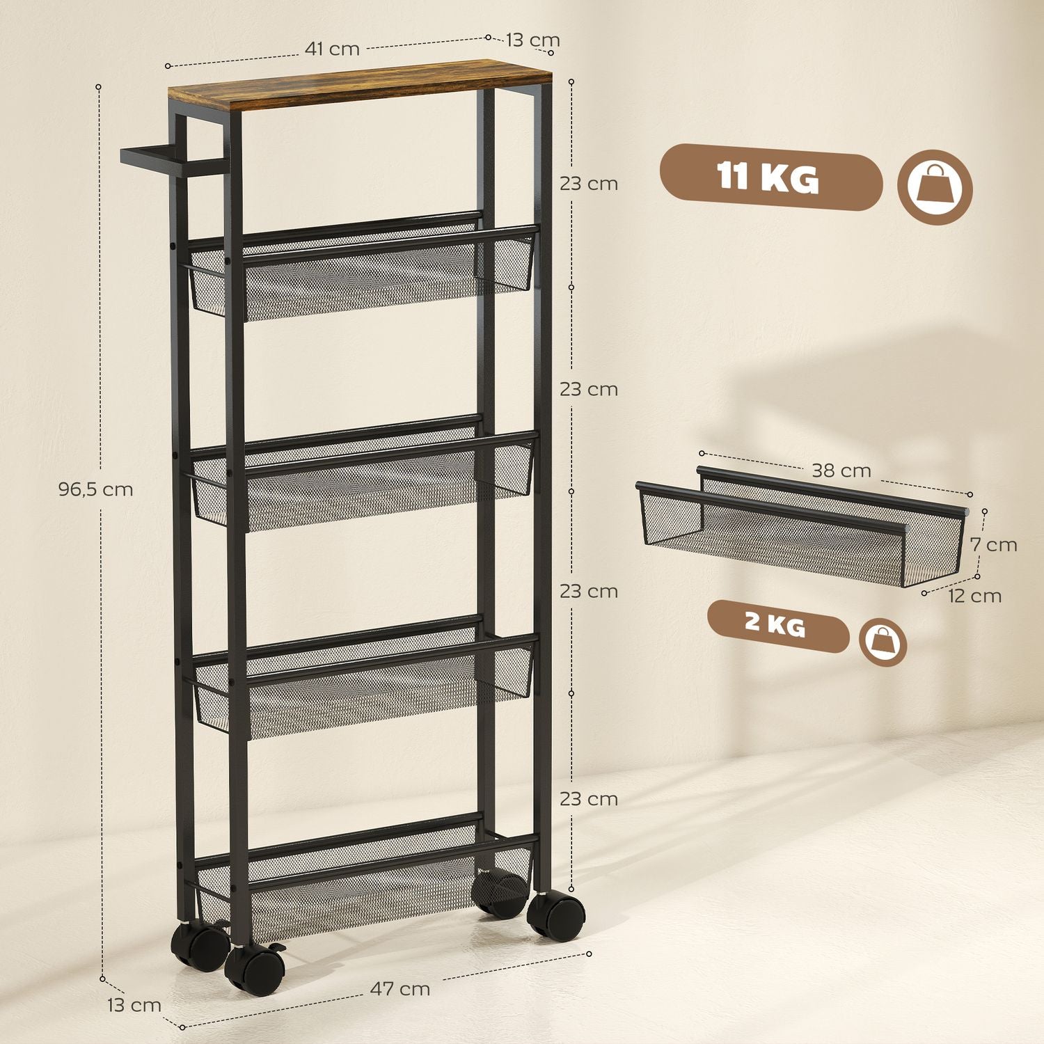 Köksvagn med 5 hyllor, rullvagn, svart, 47x13x96,5 cm