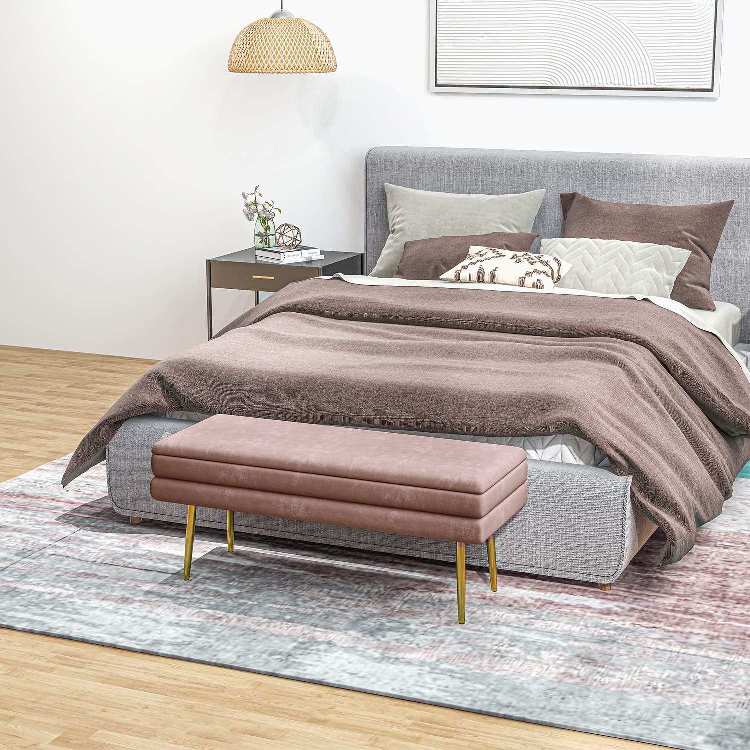 Klädd bänk med förvaringsutrymme, stål, 100 x 37,5 x 42 cm, rosa