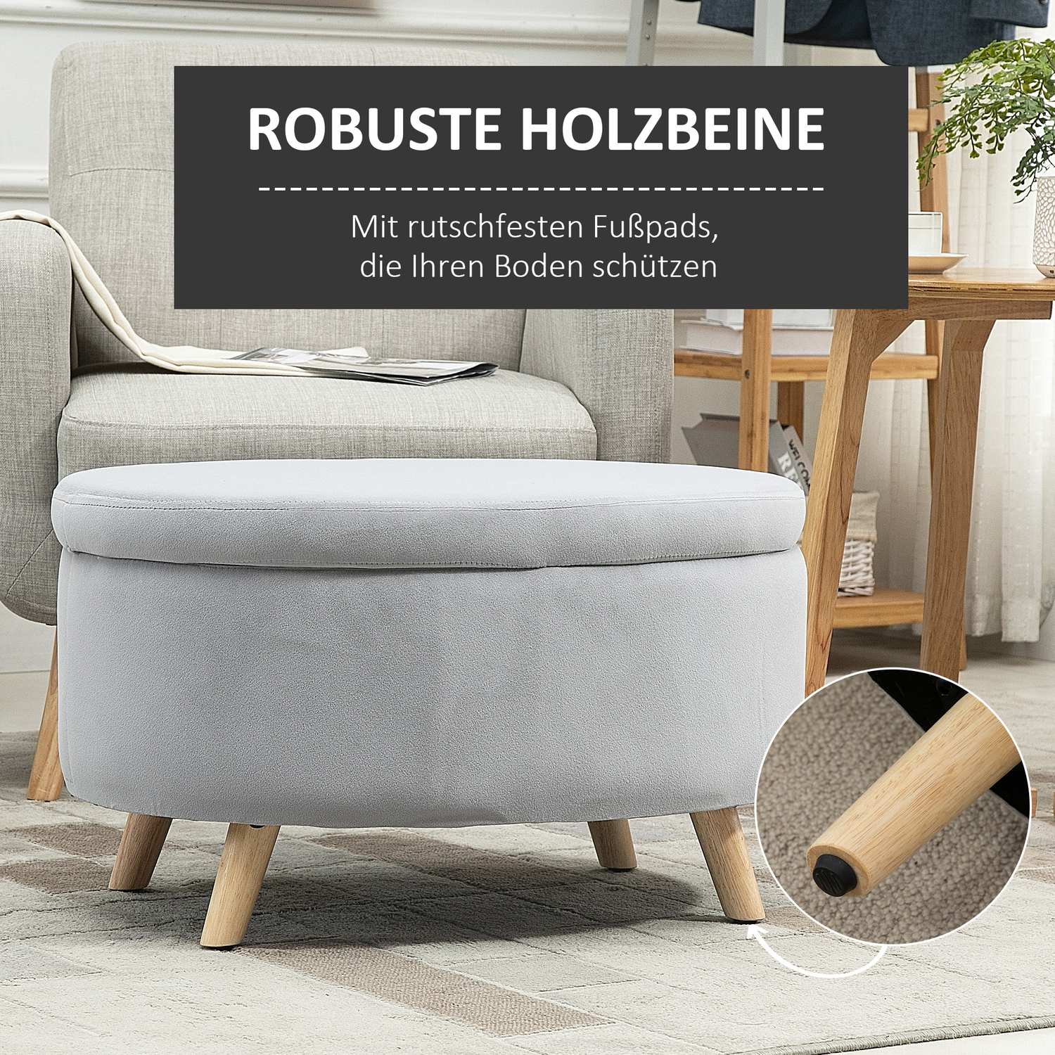 Klädd förvaringsbänk, oval form, ljusgrå