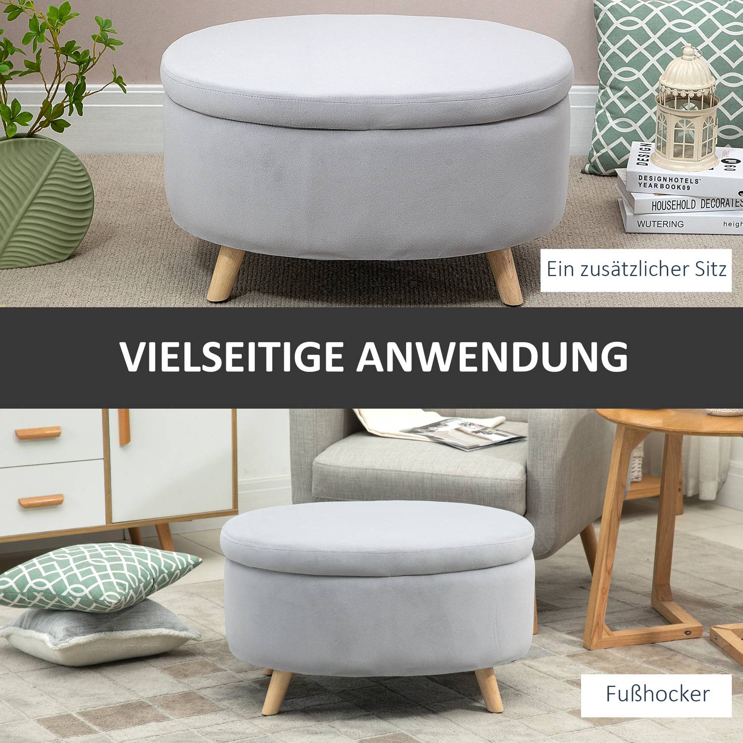 Klädd förvaringsbänk, oval form, ljusgrå