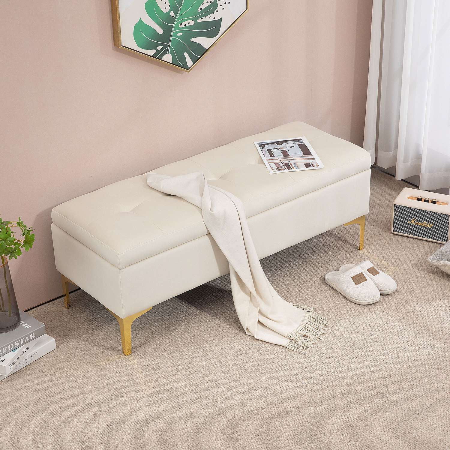 Klädd sammetsbänk med metallben, 120cm – Beige