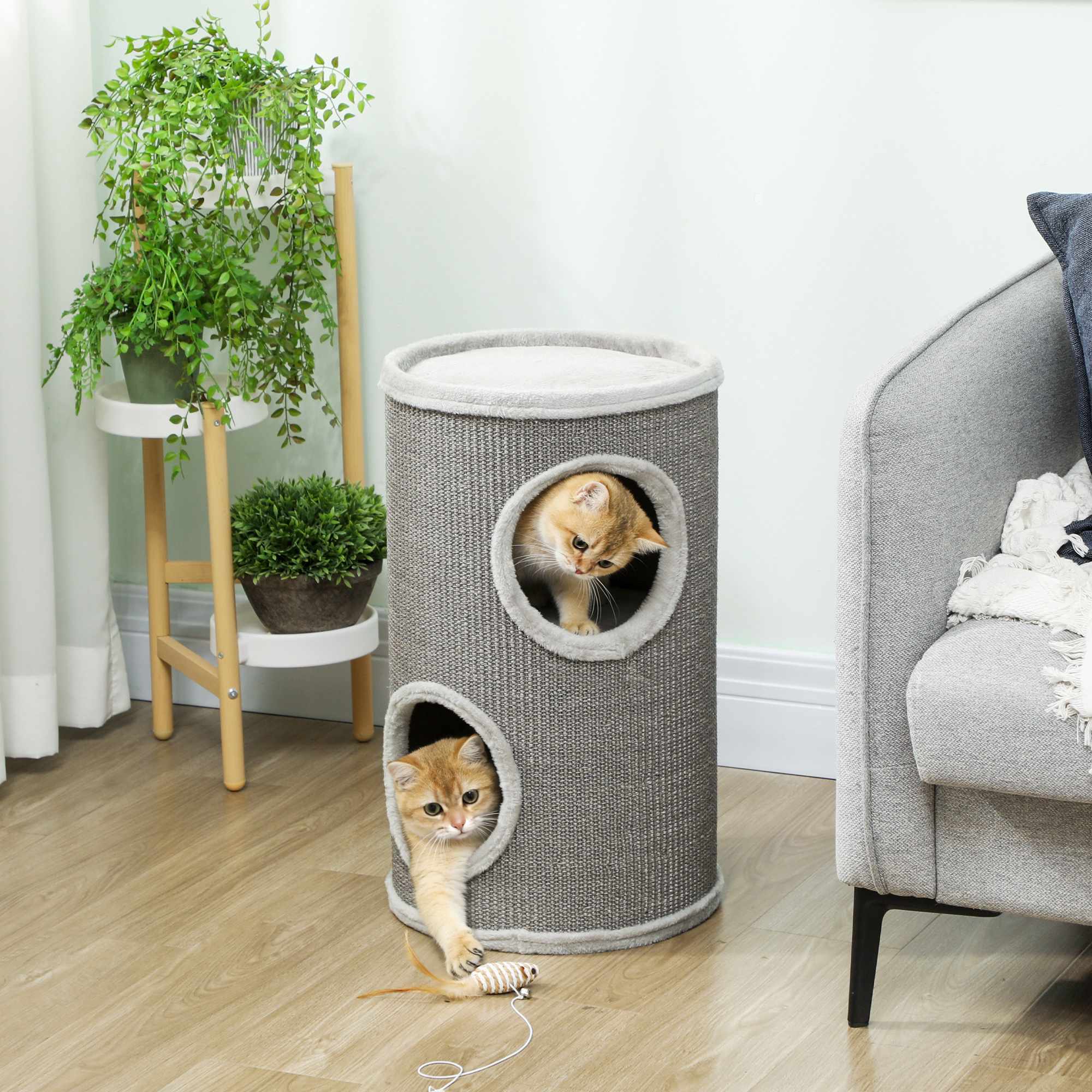 Klöstorn för katt, 2 våningar, sisal och plysch, ljusgrå