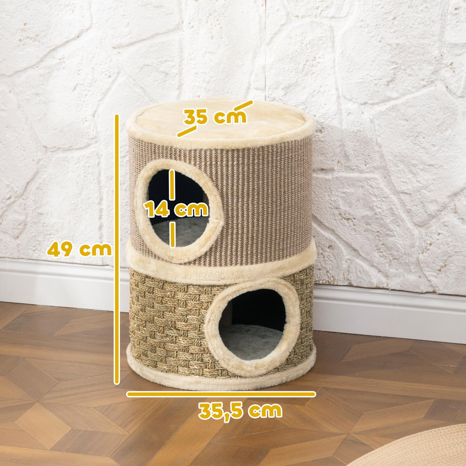 Klöstorn för katt, 49 cm, 2 nivåer, plyschkant, kaki