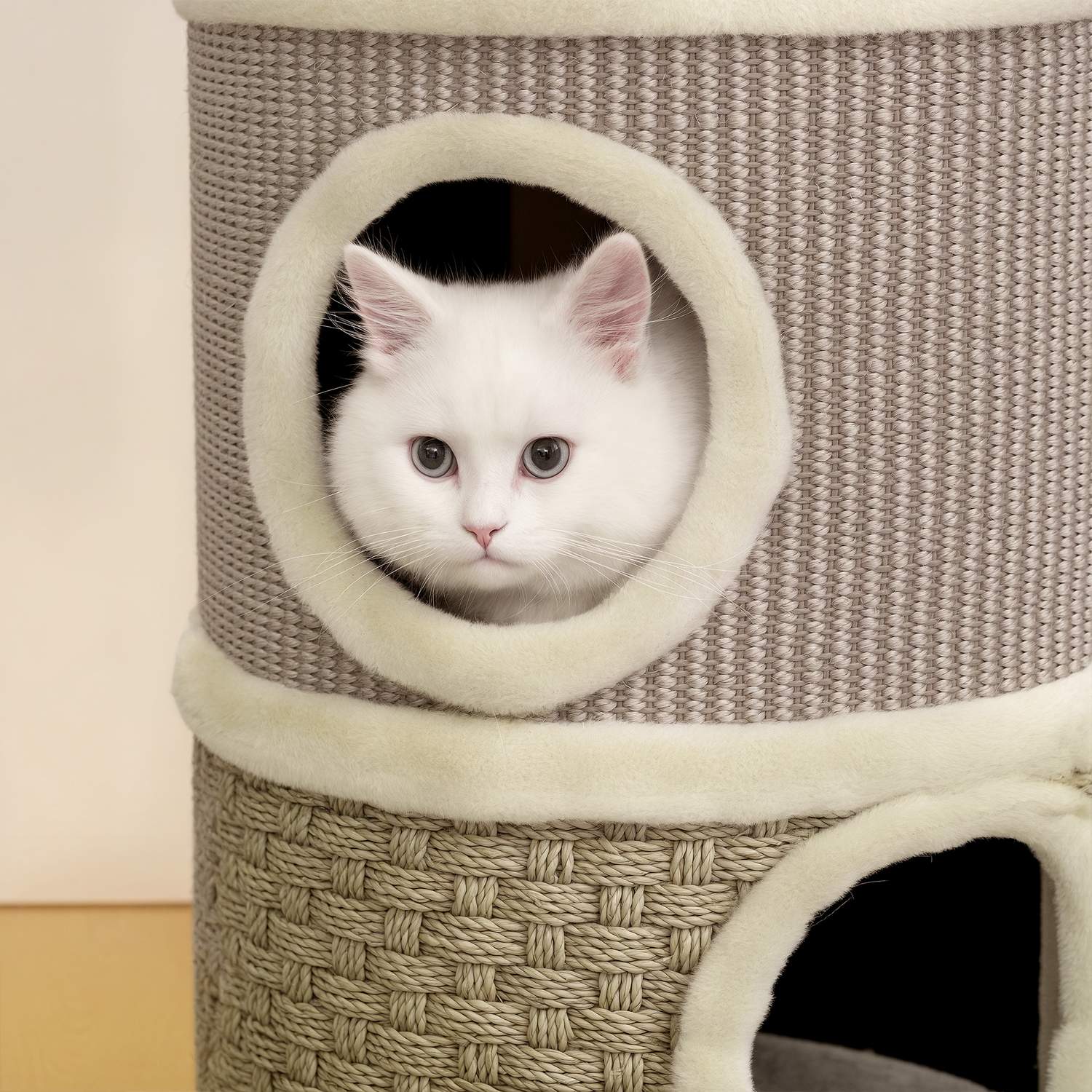 Klöstorn för katt, 49 cm, 2 nivåer, plyschkant, kaki
