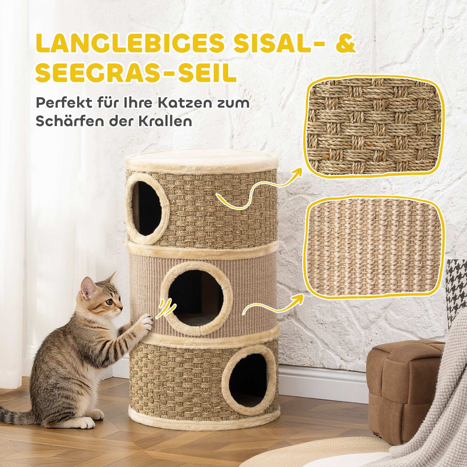 Klöstorn i sisal med 3 nivåer, 79 cm