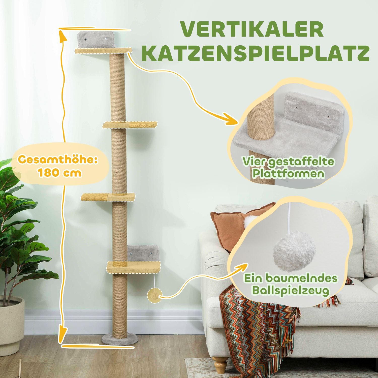 Klösträd, 5 nivåer, sisalstolpar, plyschtyg, ljusgrå