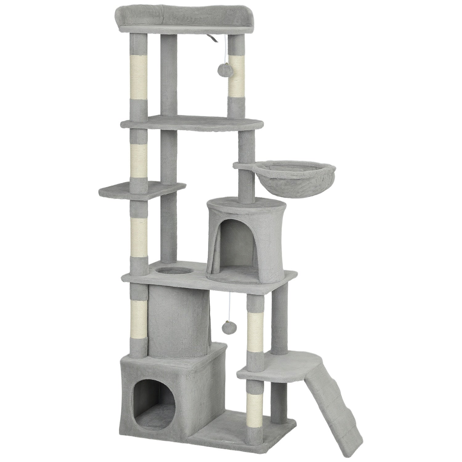 Klösträd med tunnel, grottor, sisalstolpar, 170 cm, ljusgrå