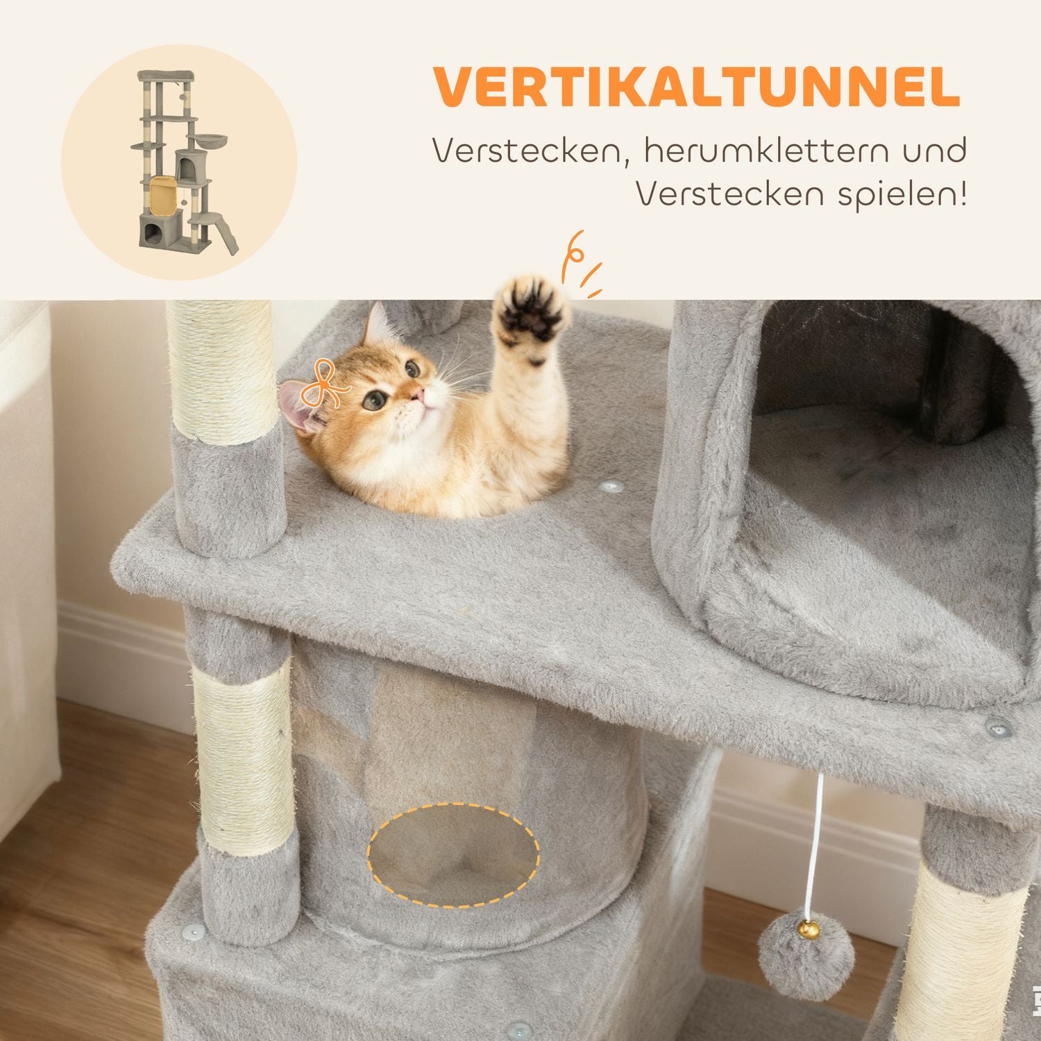 Klösträd med tunnel, grottor, sisalstolpar, 170 cm, ljusgrå