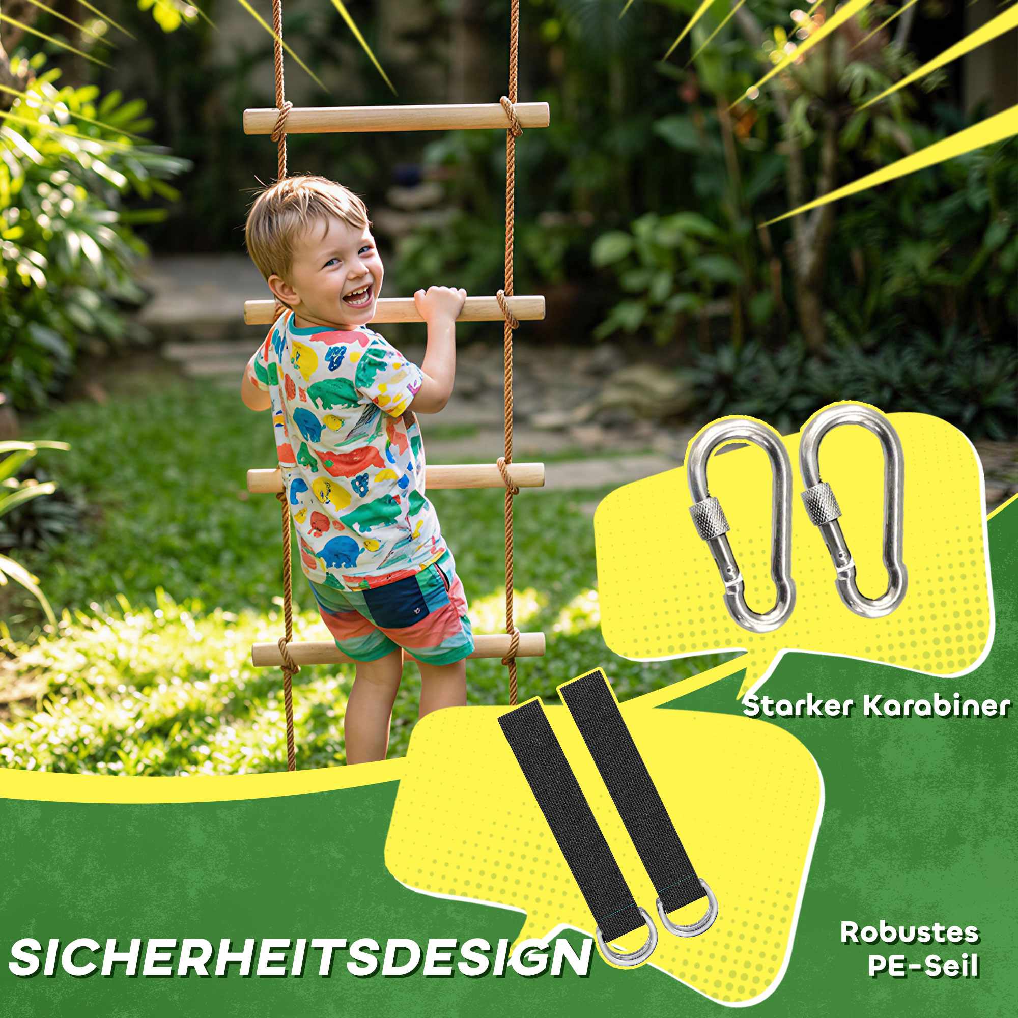 Klätterrepset för barn, 5 trästeg, 1,8 m rep