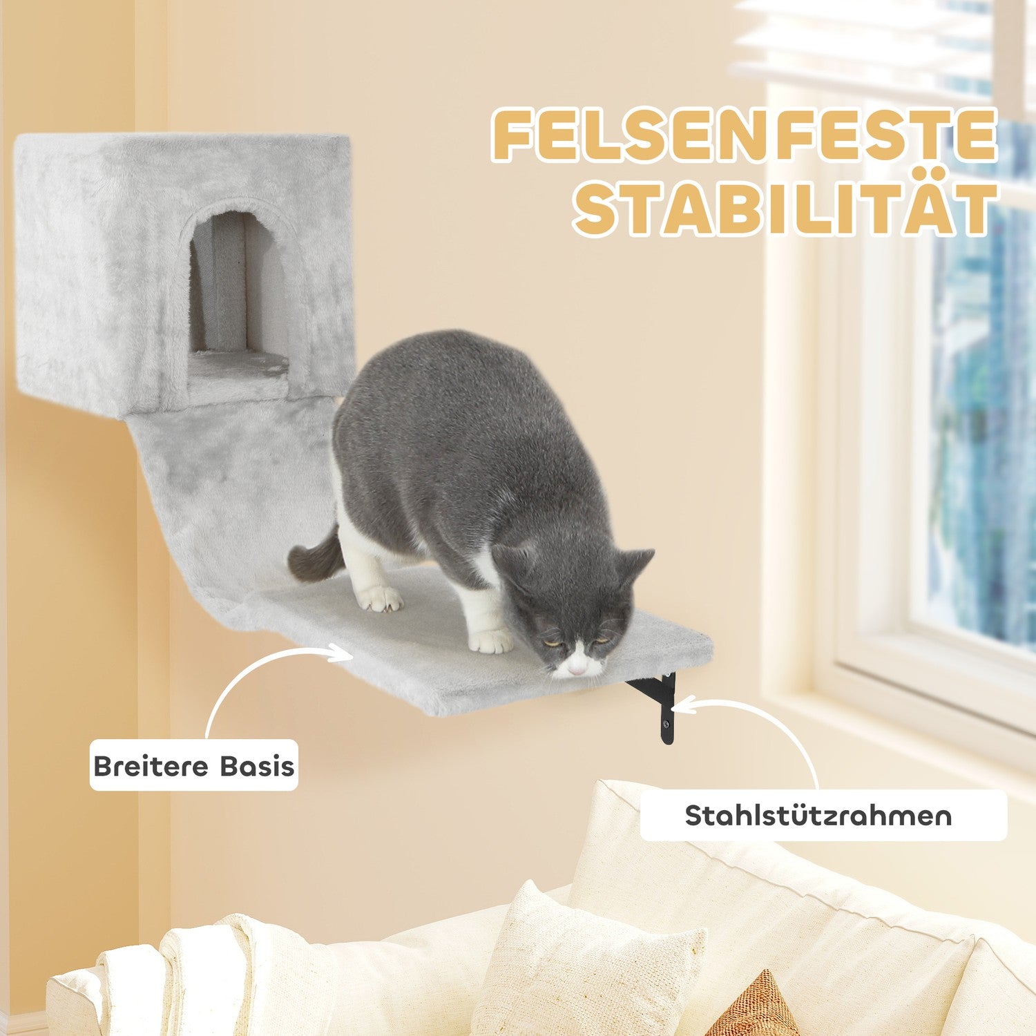 Klättervägg för katter 6-delad kattklätterväggssats med katthus, hängmatta, plattform och skrapbräda grå