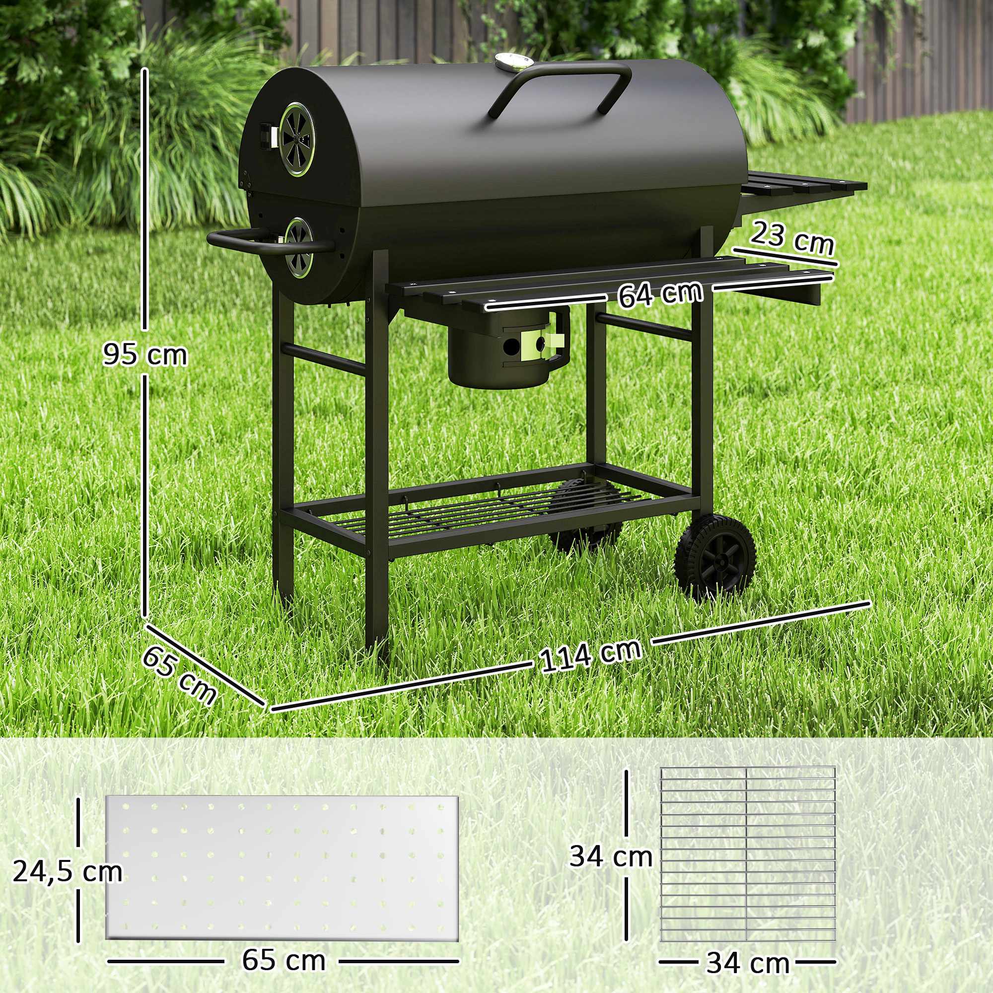 Kolgrill med termometer, justerbara ventiler, stål, svart