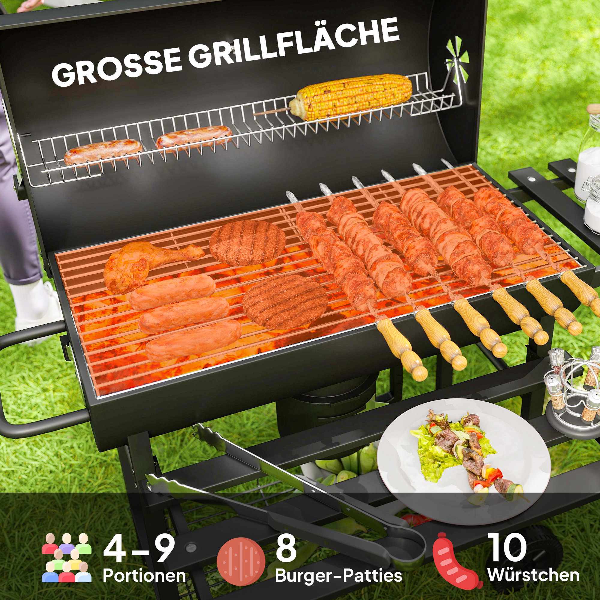 Kolgrill med termometer, justerbara ventiler, stål, svart