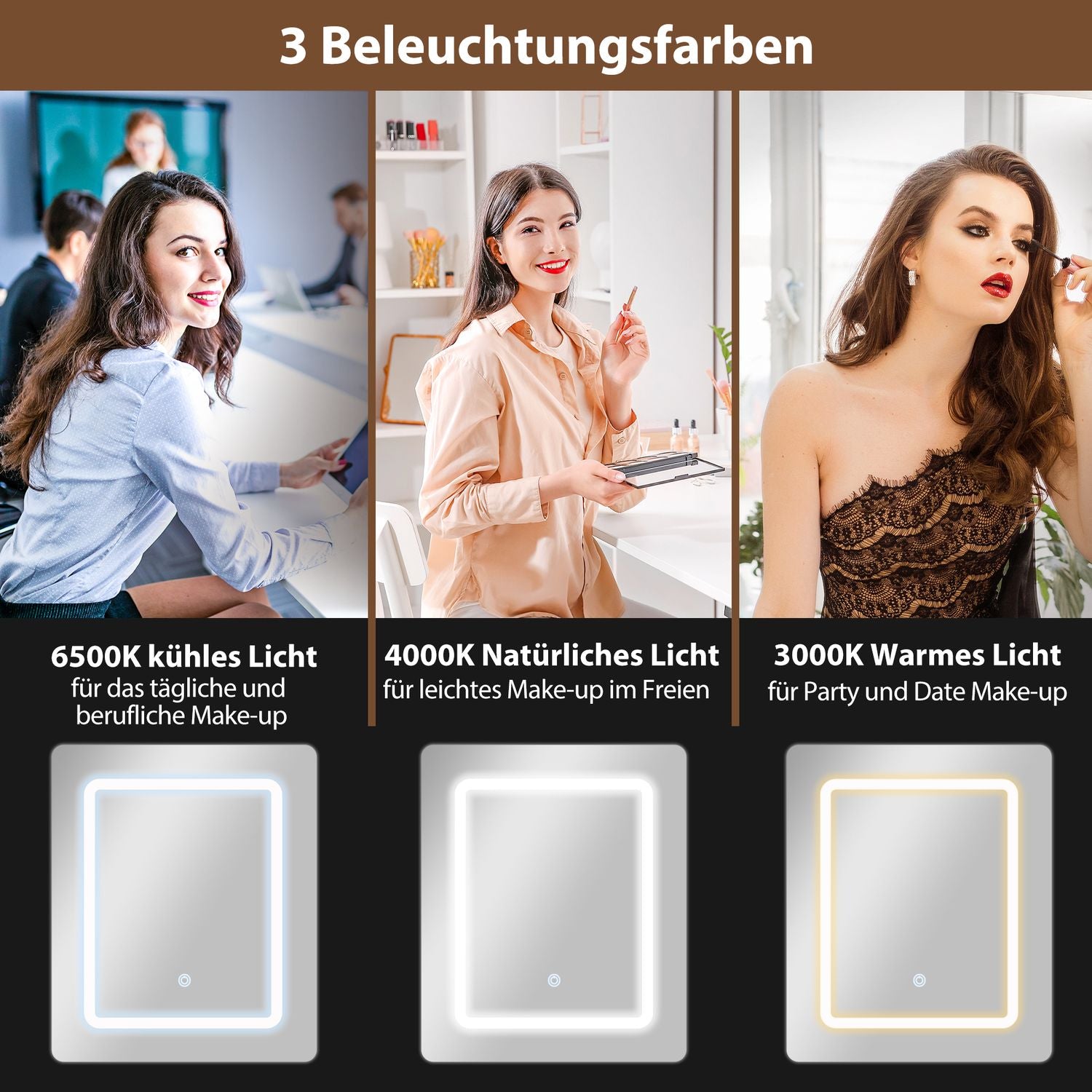 Kompakt sminkbord med spegel och LED-belysning, vikbar bordsskiva, öppna hyllor, låda, MDF, vit