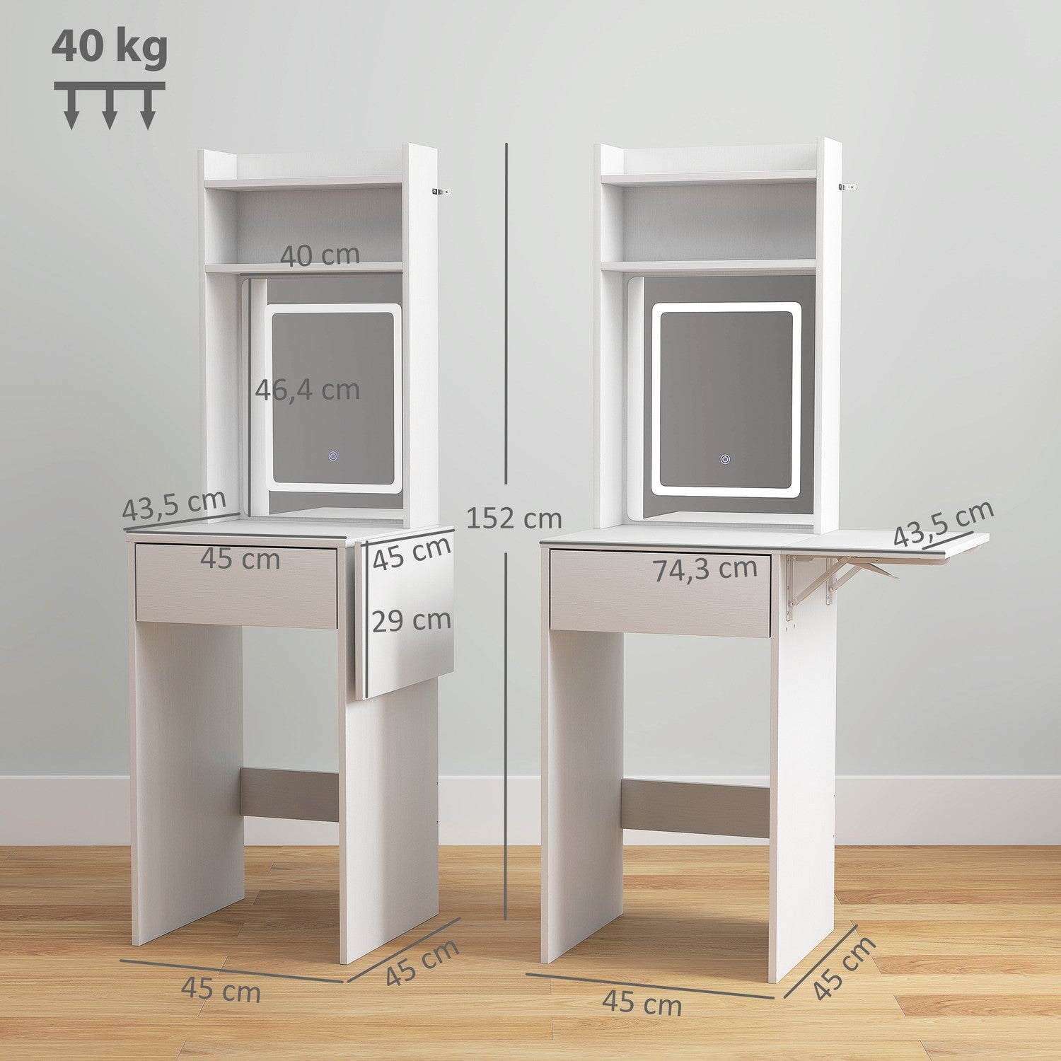 Kompakt sminkbord med spegel och LED-belysning, vikbar bordsskiva, öppna hyllor, låda, MDF, vit