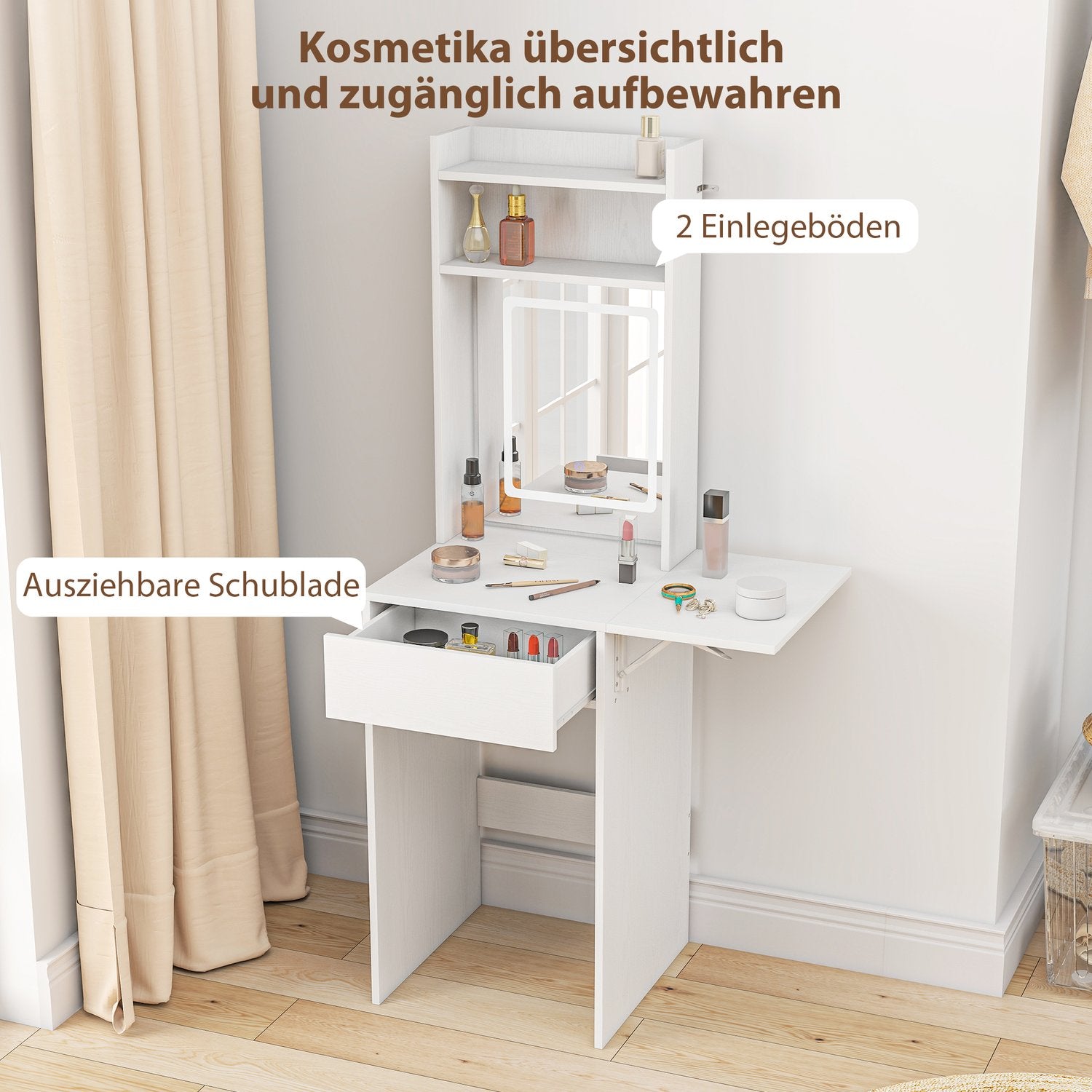 Kompakt sminkbord med spegel och LED-belysning, vikbar bordsskiva, öppna hyllor, låda, MDF, vit
