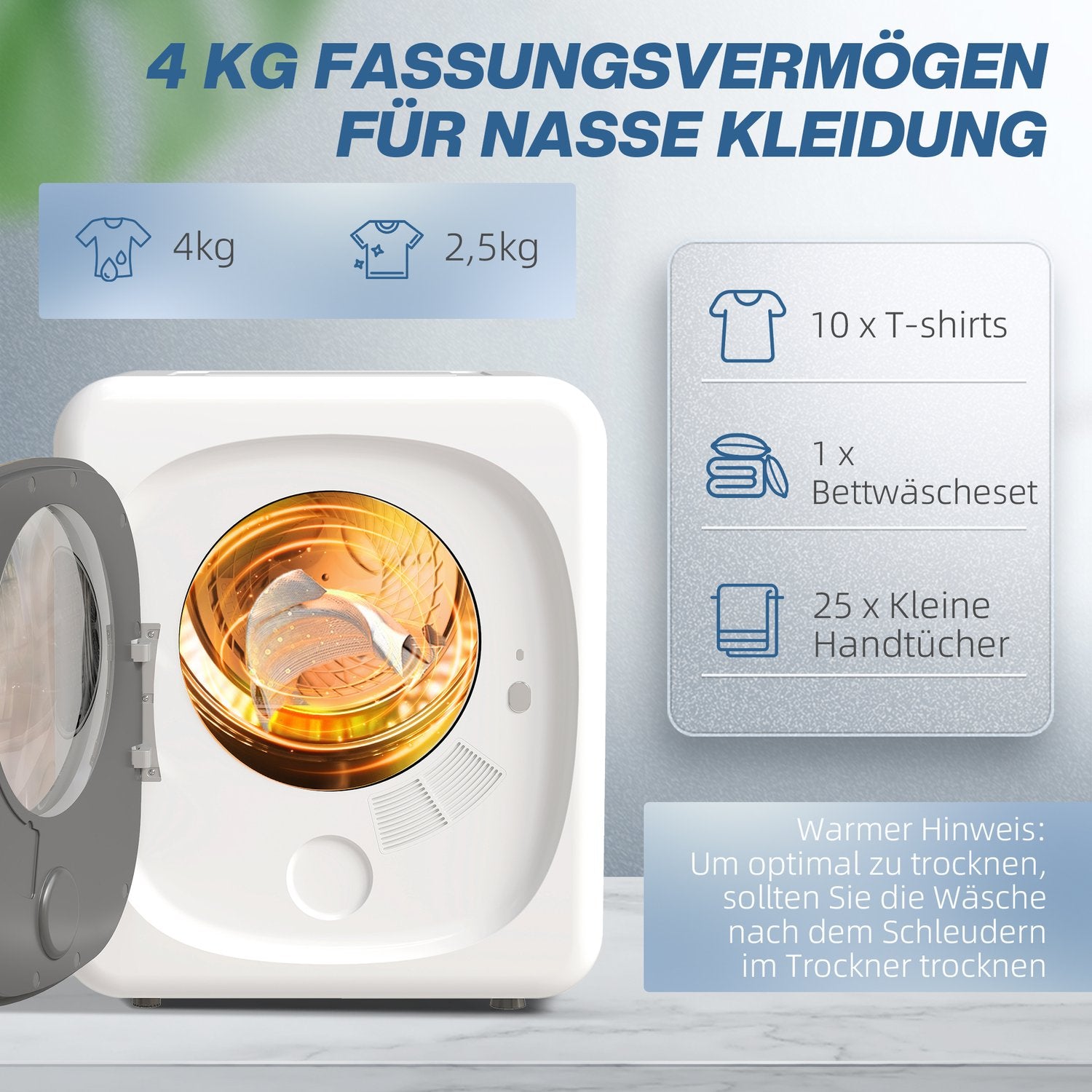 Kompakt torktumlare, 4 kg kapacitet, 5 lägen, timer